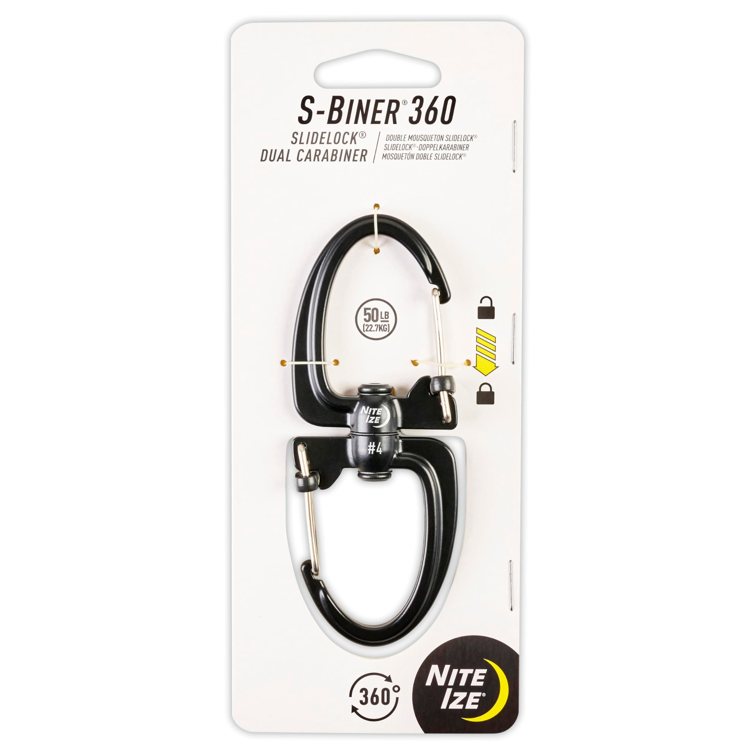 Biner 360 SlideLock Dual Carabiner, Swivel Carabiner for Keys and Gear 50 lbs, Size #4