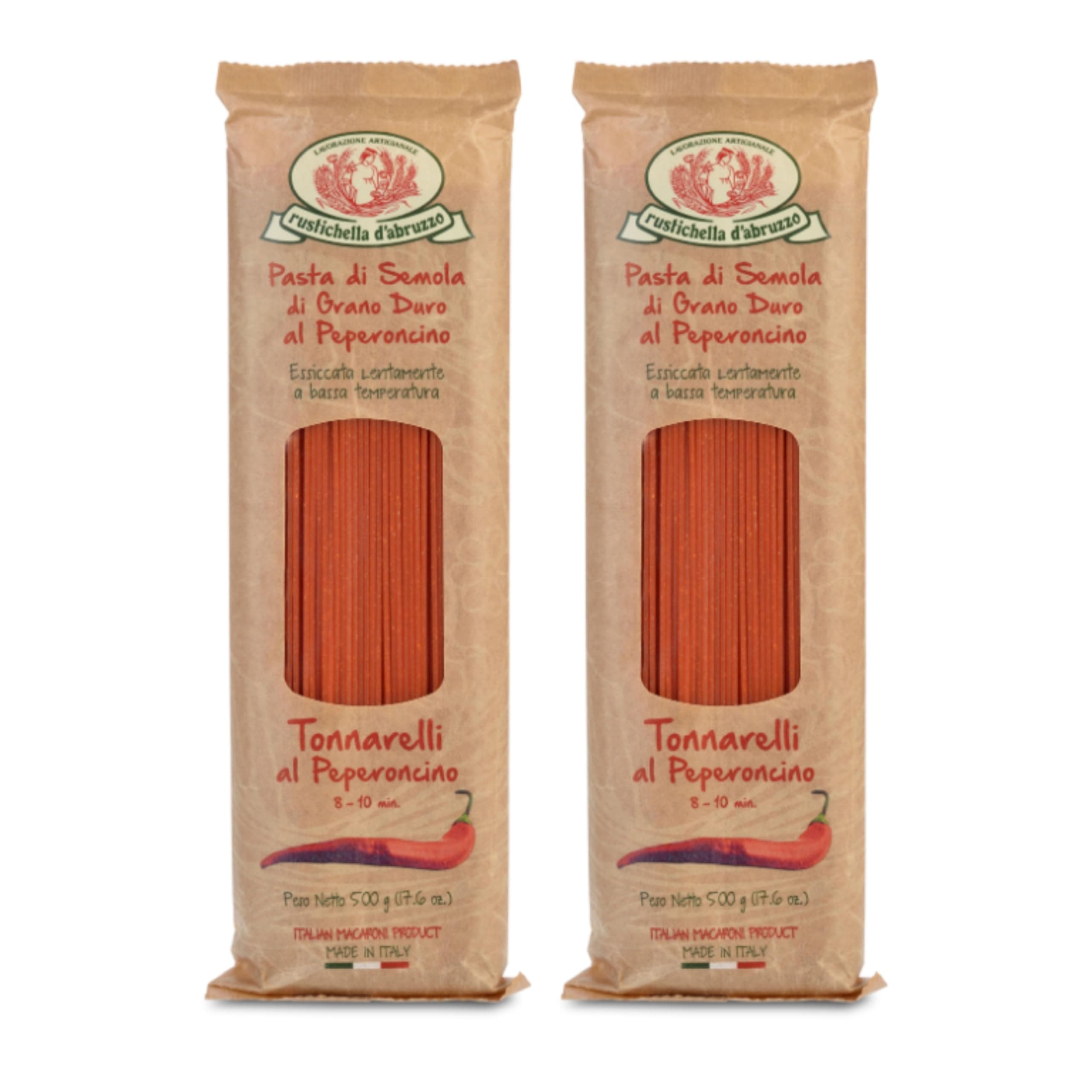 Tonnarelli with Spicy Pepper Pack of 2, 500g Each - Long Pasta with Mild Heat from Sweet & Hot Red Pepper Purées - Perfect for Seafood, Sausage Ragù & Arrabbiata - Authentic Italian Flavored Pasta