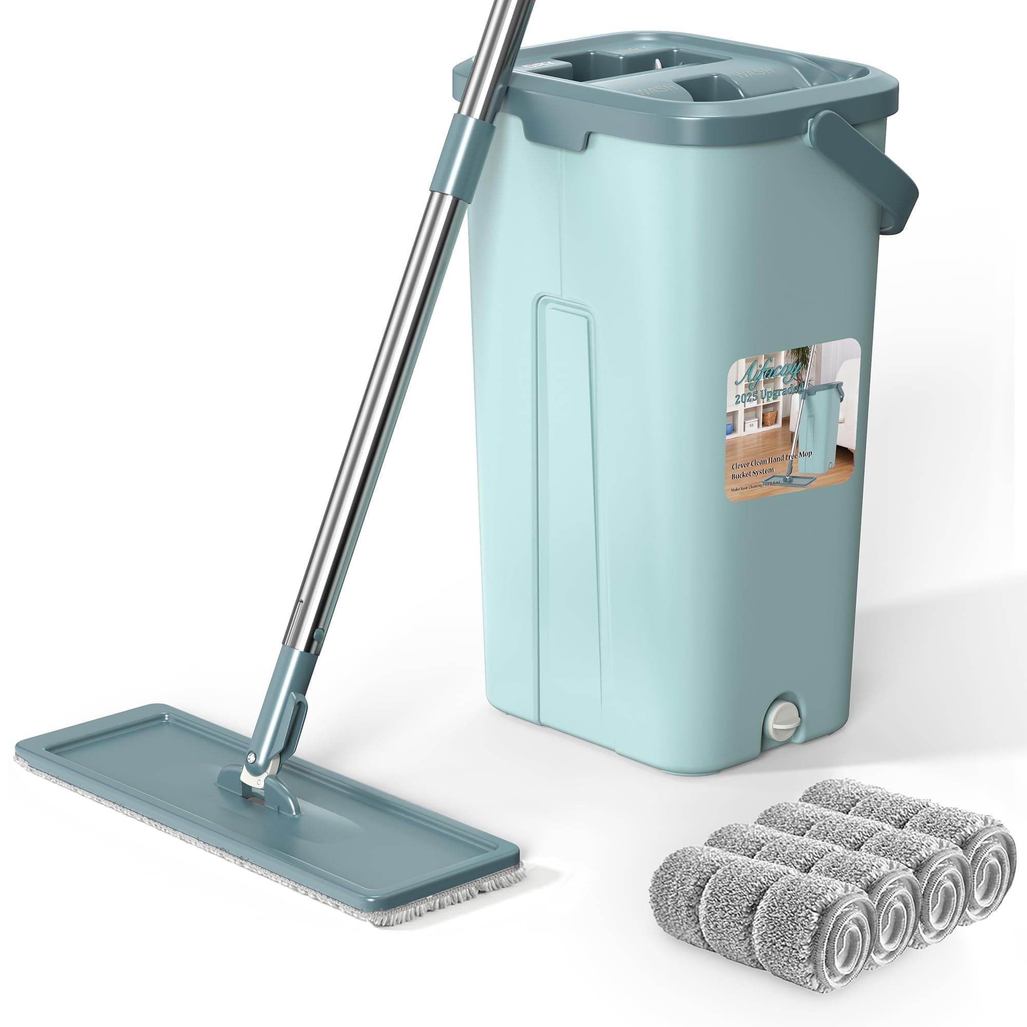 Mop and Bucket with Wringer Set, Flat Squeeze Mop and Bucket System for Home, Wet & Dry Use Wall Mop System with 4 Microfiber Pads, Separates Dirty & Clean Water Handimop Bucket Set for Floor Cleaning
