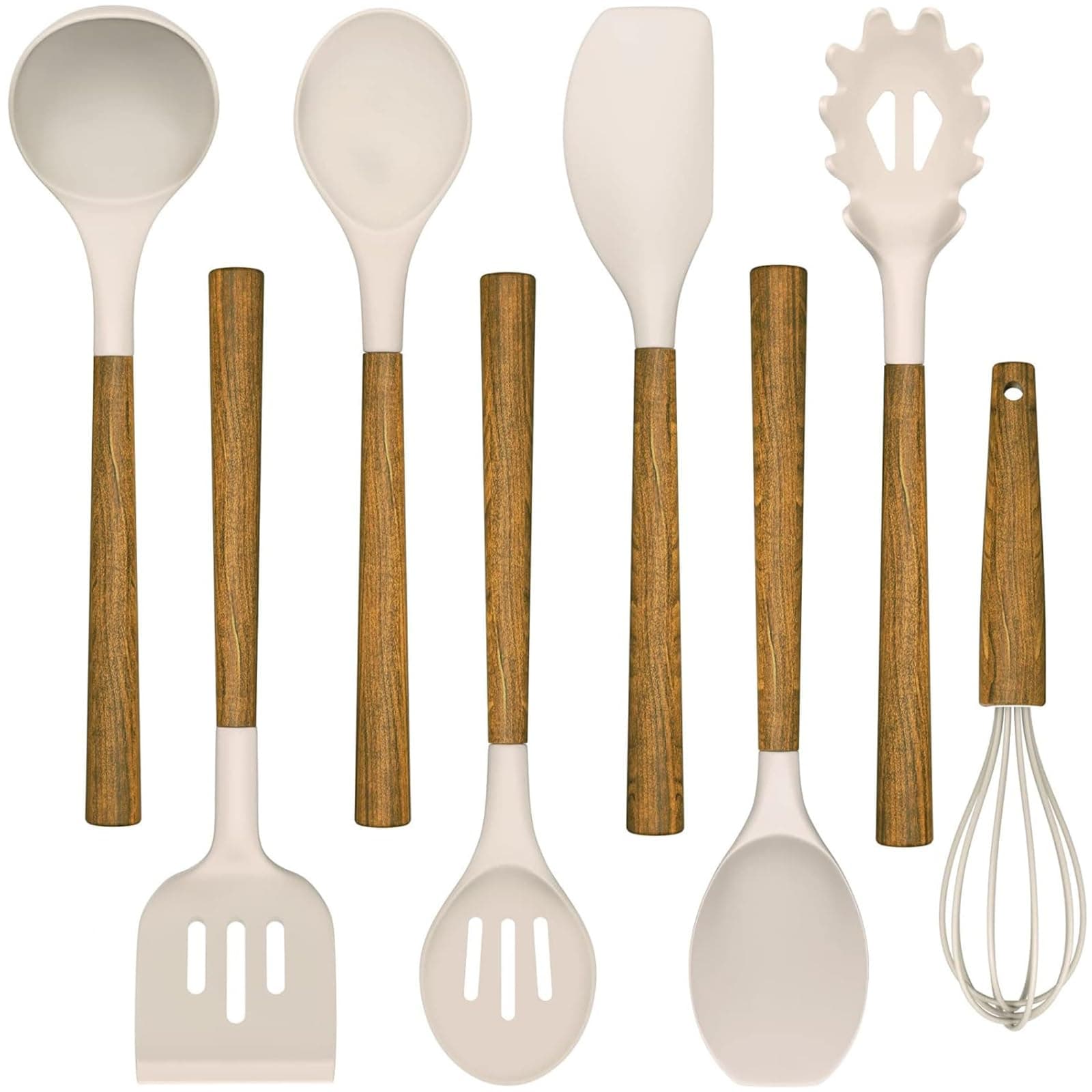 Umite Chef Silicone Cooking Utensil Set, 8-Piece Kitchen Utensils Set with Natural Acacia Wooden Handles, Silicone Heads - Khaki
