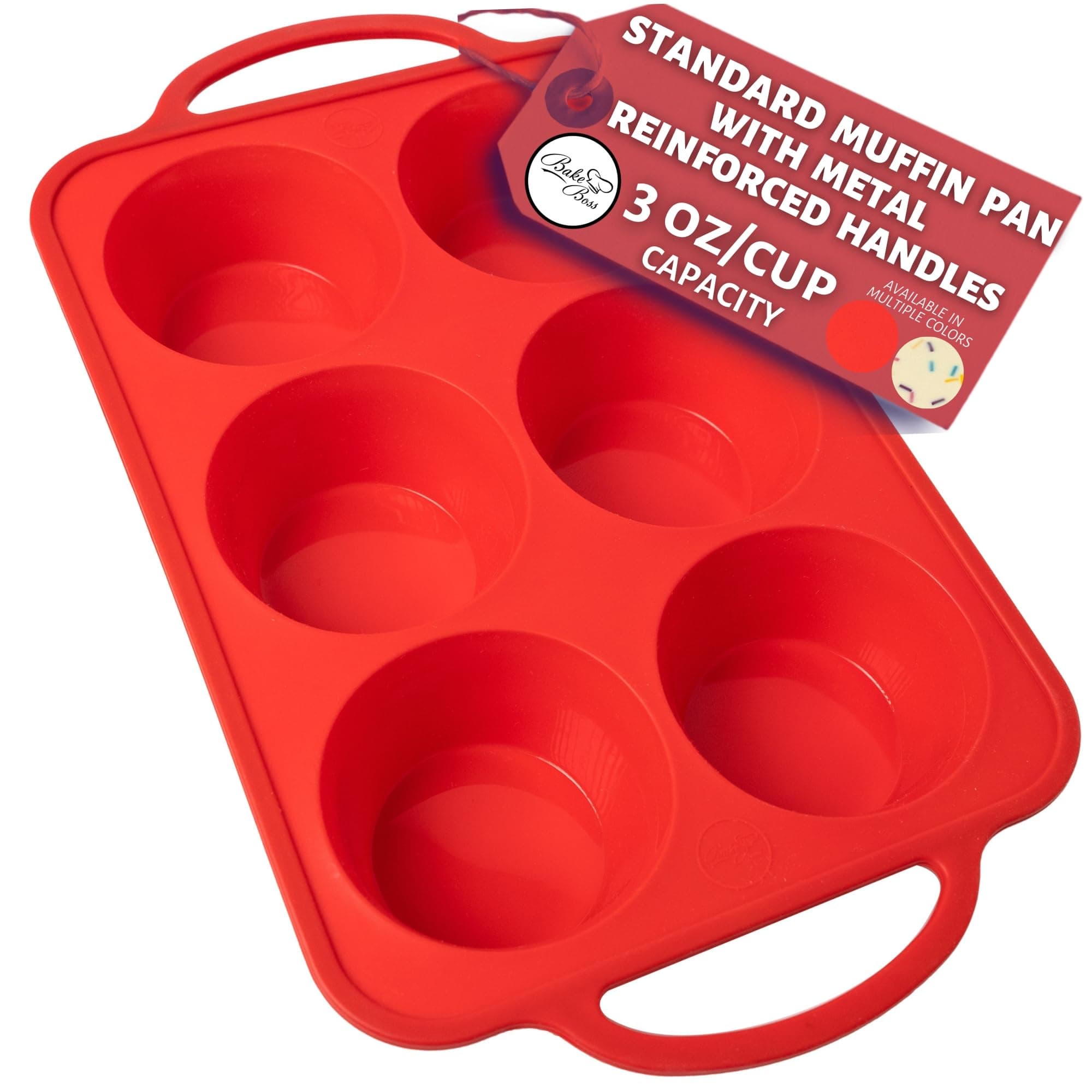 Regular Size 6 Cup Muffin Pan – Silicone Muffin Pans for Baking with Metal Handles – Nonstick Silicone Cupcake Pan, Easy-Release, BPA-Free Muffin Tray, Oven & Dishwasher Safe – Red