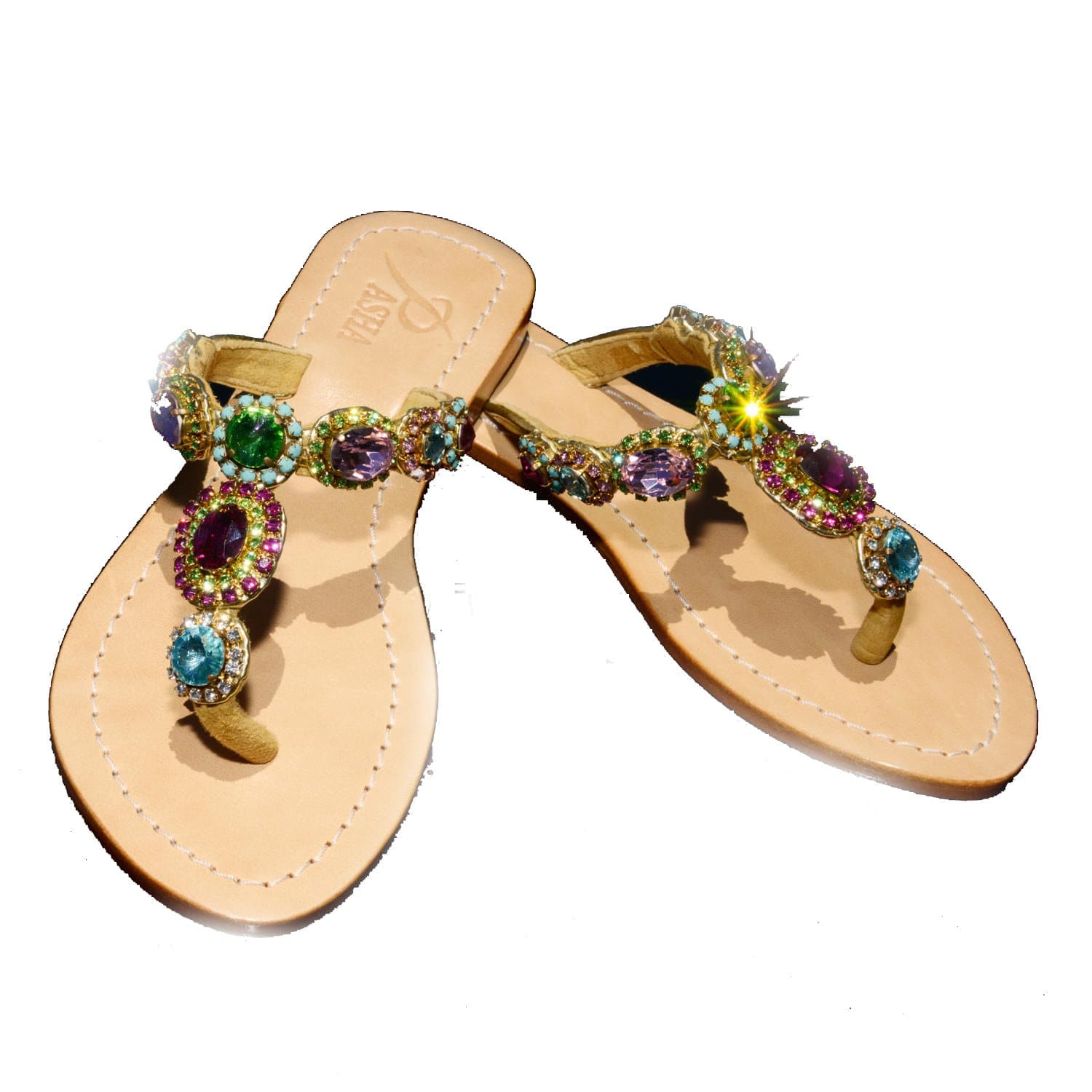Pasha Jewelry for your feet, Gorgeous Jeweled Genuine Leather Sandals, Sao Paulo, Rainbow/Gold, 5