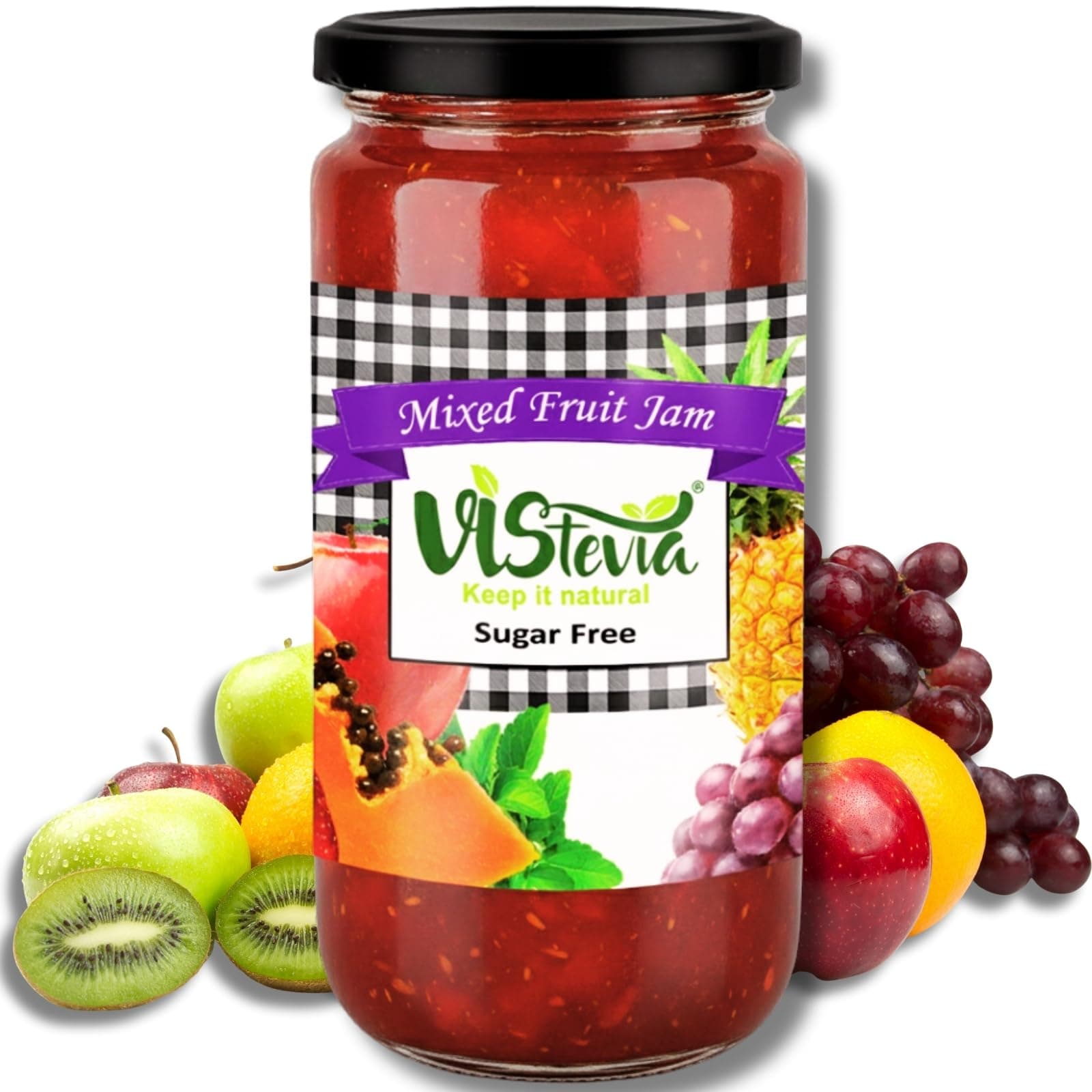 Vistevia Sugar Free Mixed Fruit Jam, Diabetic and Keto Friendly - Sweetened Naturally with Stevia, More Than 60% Fruit Content - Tastes Delicious - Pack of 1 (400G)