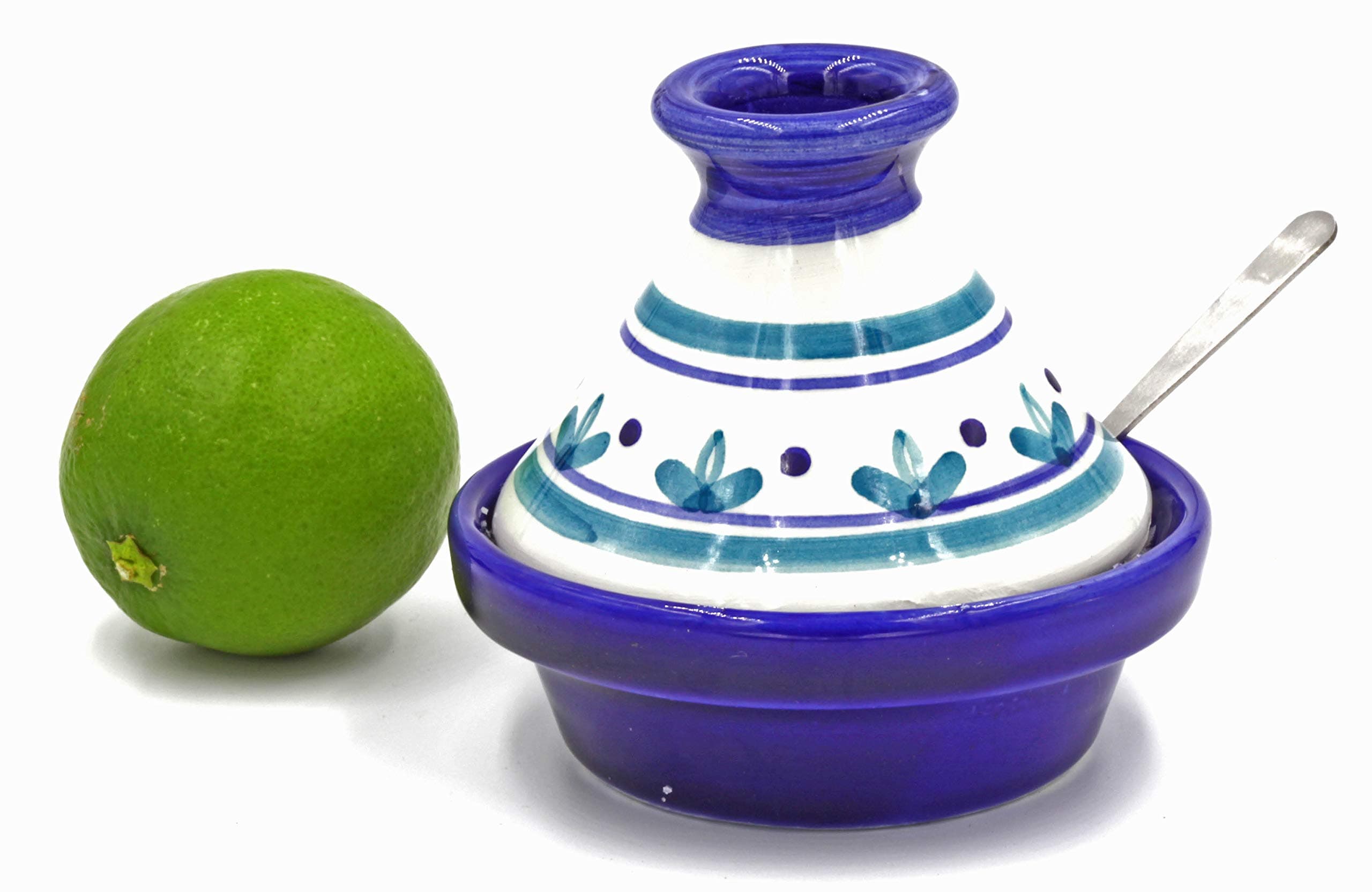 Le Souk Ceramique Mini Tagine Condiment Dish"Salt Bowl" with Serving Spoon. Handmade and Painted in Tunisia