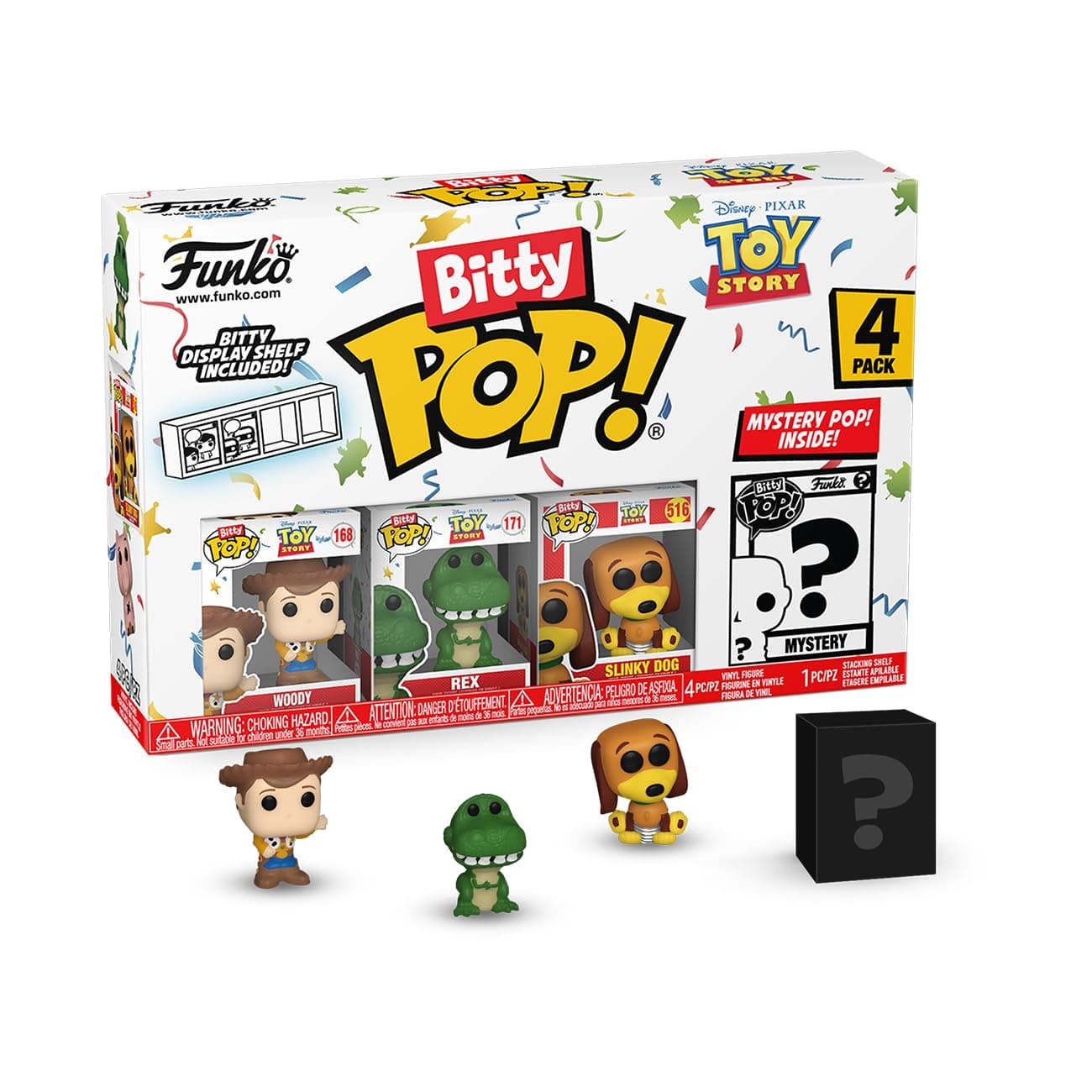 Bitty Pop! Toy Story - Woody 4PK - Woody, Rex, Slinky Dog and A Surprise Mystery Mini Figure - 0.9 Inch (2.2 Cm) Collectable - Stackable Display Shelf Included - Gift Idea - Cake Topper