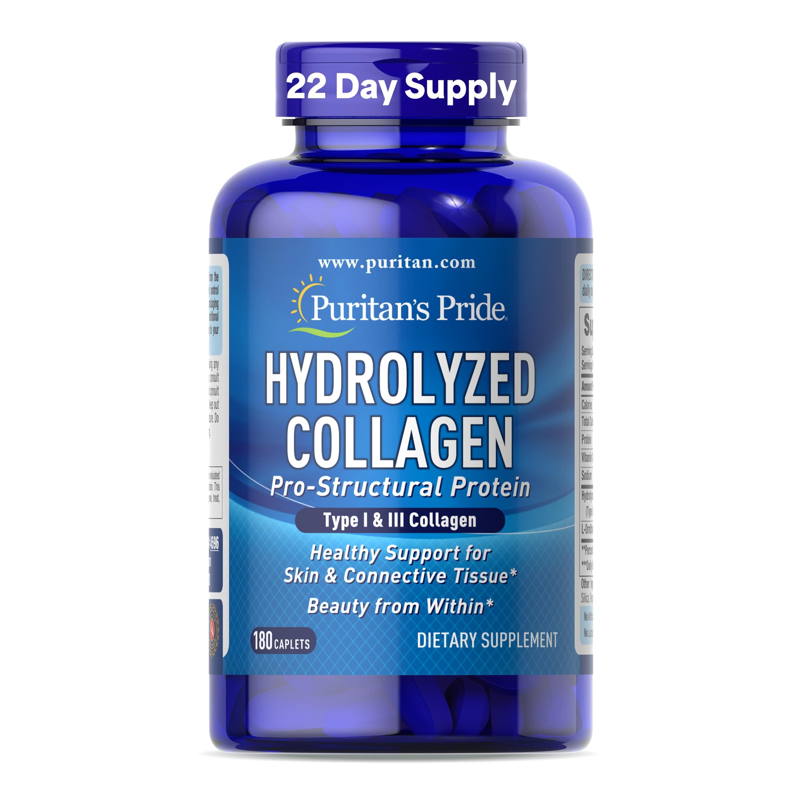 Hydrolyzed Collagen Pro-Structural Protein for Men and Women 1000mg, Dietary Supplement for Skin, Bones and Joints, 180 Caplets