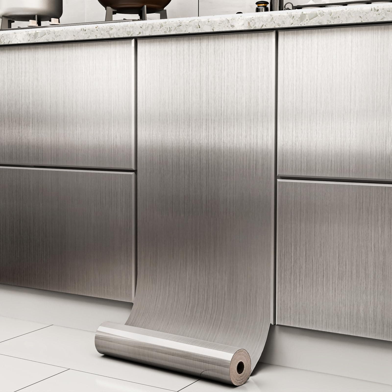 Stainless Steel Contact Paper Peel and Stick Countertop Contact Paper Waterproof Silver Metallic Wallpaper for Kitchen Backsplash Self Adhesive Wallpaper Dishwasher Fridge Appliances Cover 17.7“×78.7”