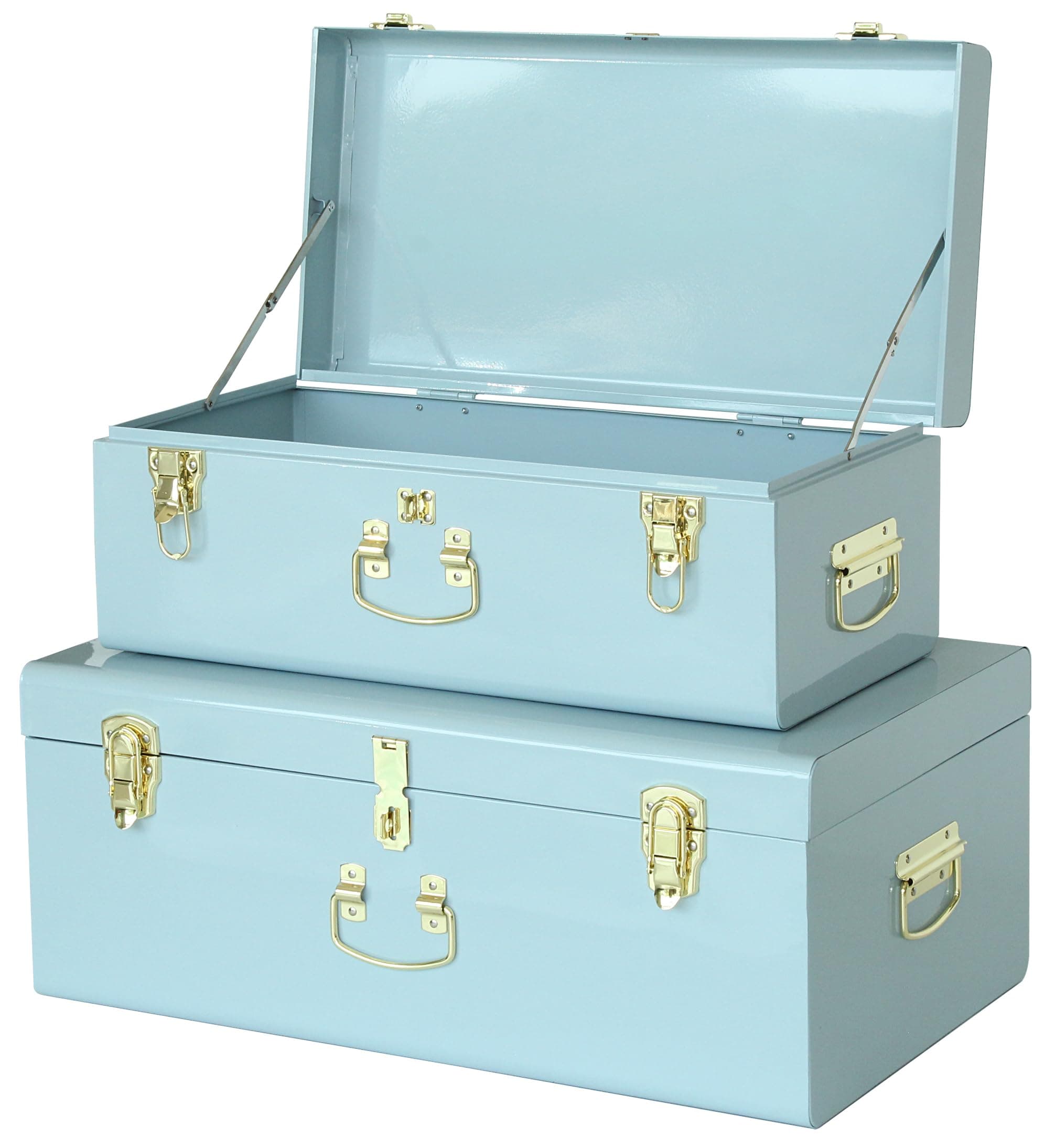 Vixdonos Metal Trunk Decorative Storage Box Set of 2 College Dorm Chest with Handle (Light Blue)