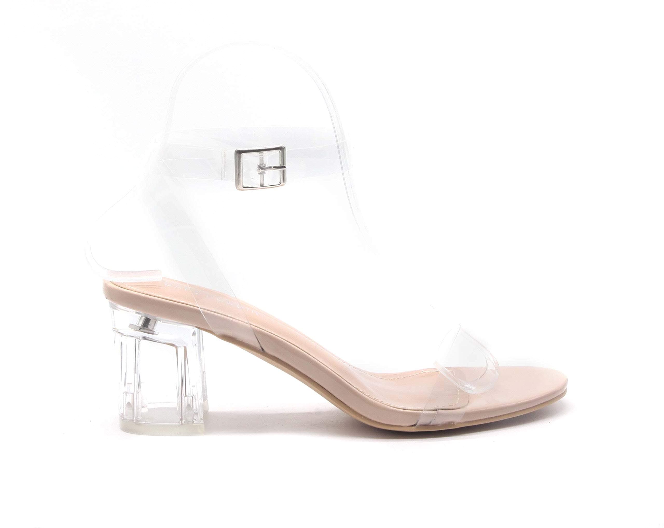 Cape Robbin Wisdom Clear Chunky Block Low Heels For Women, Transparent Strappy Open Toe Shoes Heels For Women