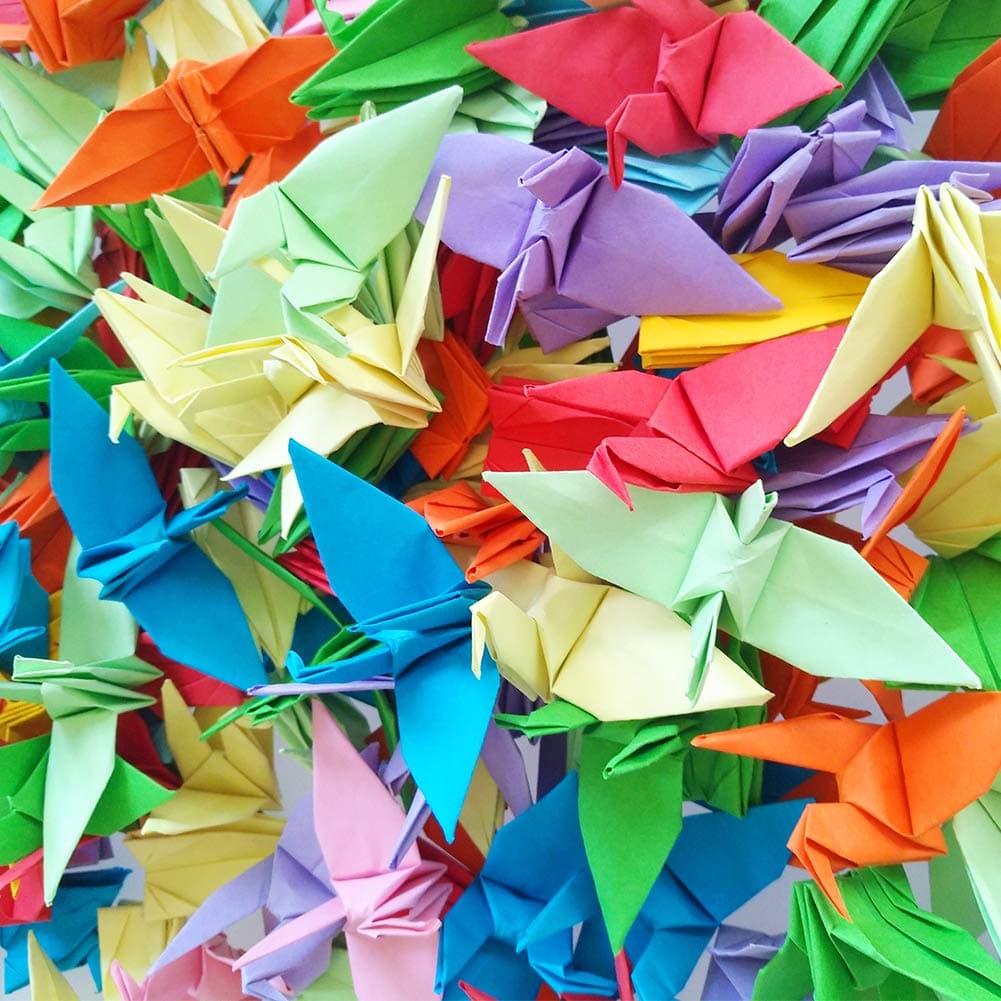 Hangnuo 100 PCS Origami Paper Cranes Mixed Colors, Folded DIY Japanese Crane Mobile String Garland for Wedding Party Backdrop Home Decoration