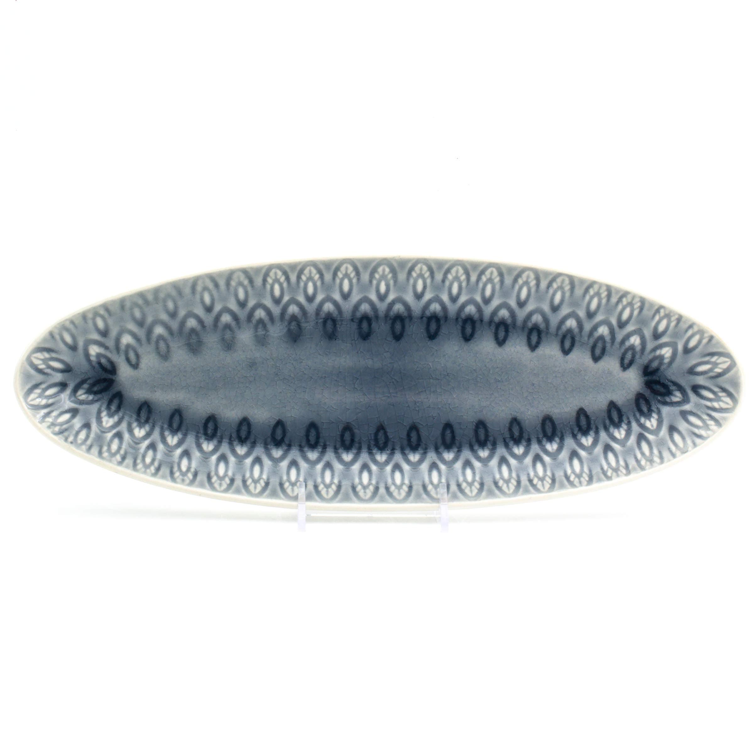 Euro Ceramica Peacock Collection Crackleglaze Serveware Trays/Platters, 13" Oval Appetizer, Feather Geometric Pattern