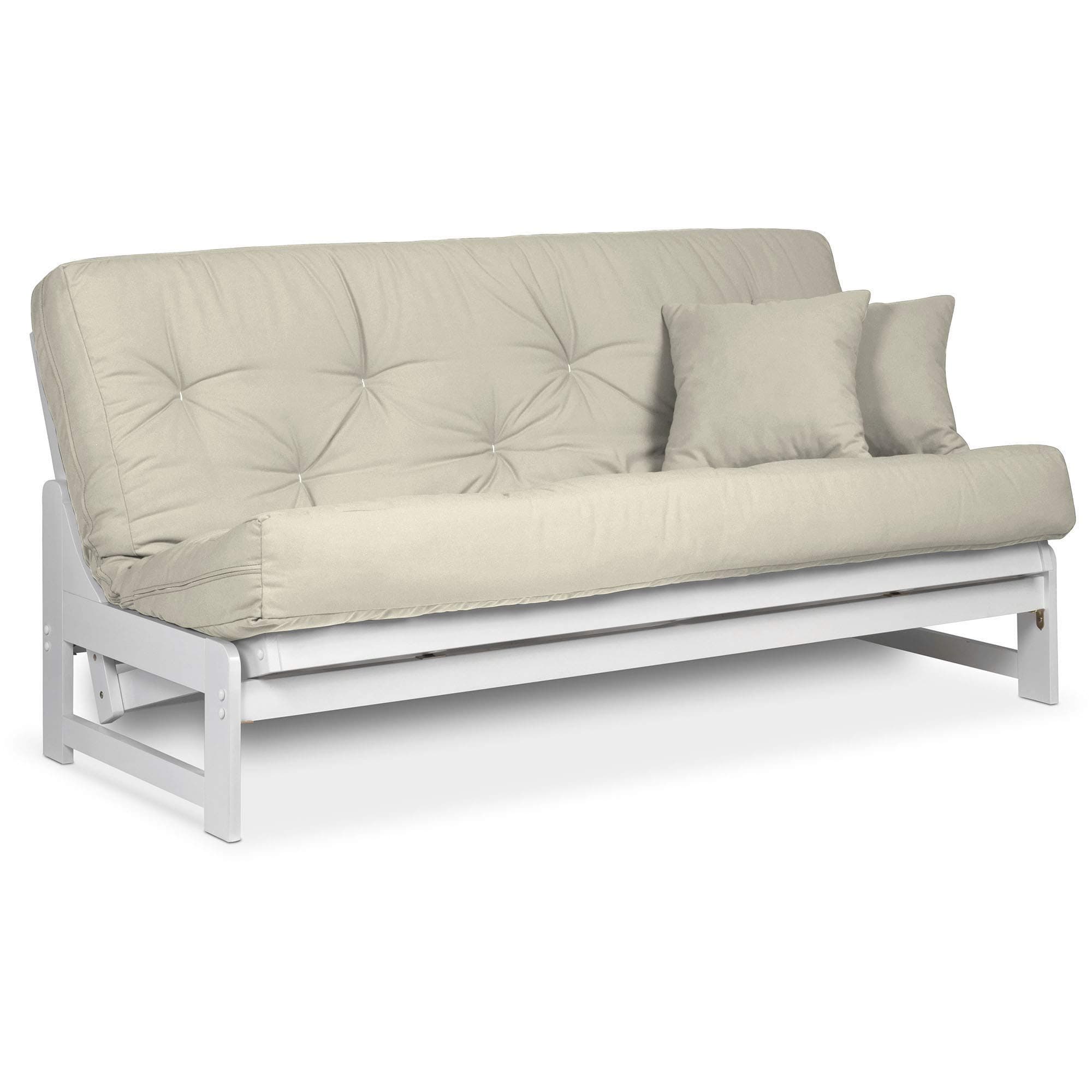 Nirvana Futons Arden White Futon Set Queen Size - Armless Futon Frame with Mattress Included (Twill Ivory), Space Saving Modern Sofa Bed Sleeper