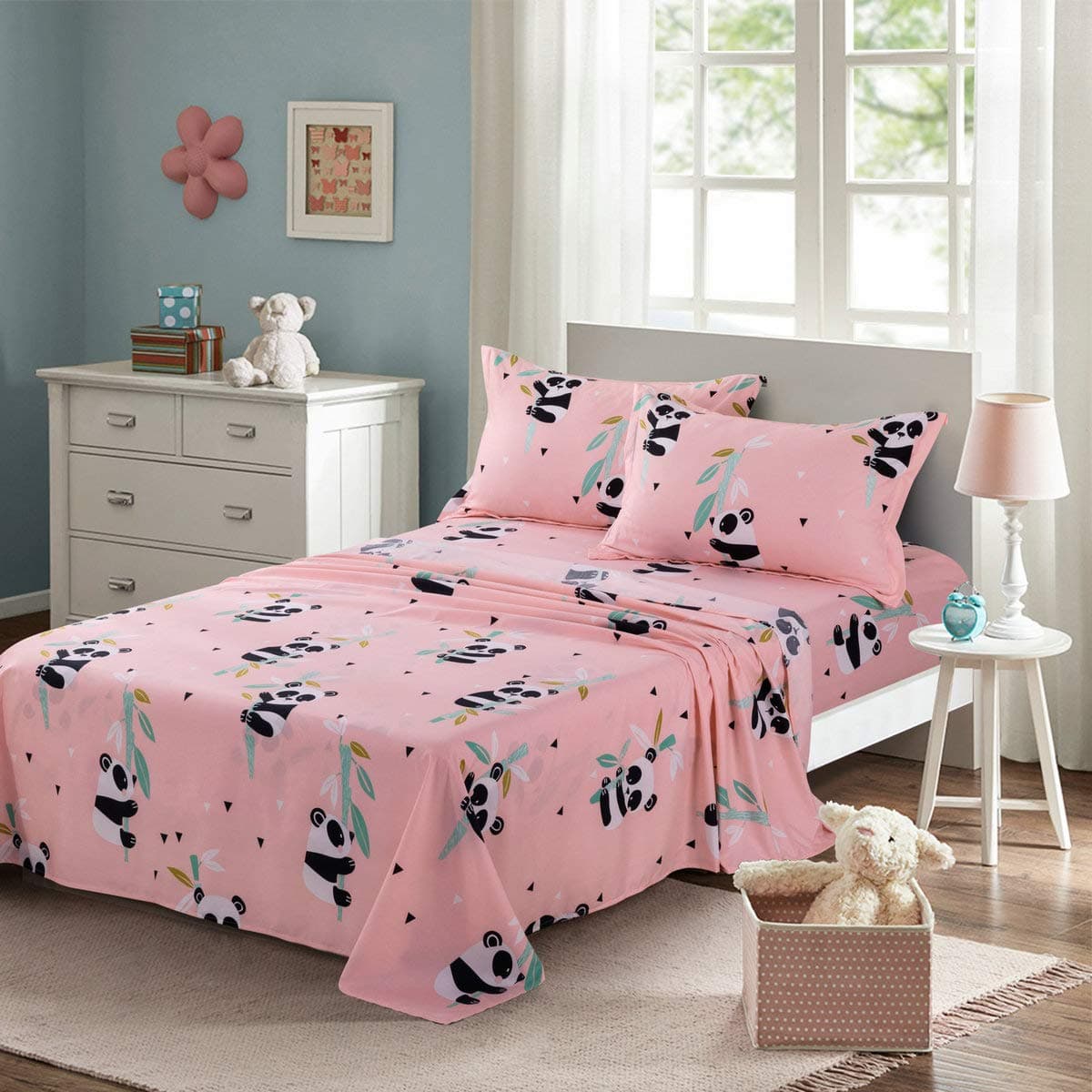 KFZ Sheets for Queen Size Bed, Queen Size Baby Panda Pink Bed Sheets Set with 1 Flat Sheet 1 Fitted Sheet Sheet 2 Pillow Covers, Brushed Microfiber Bed Sheets for Kids