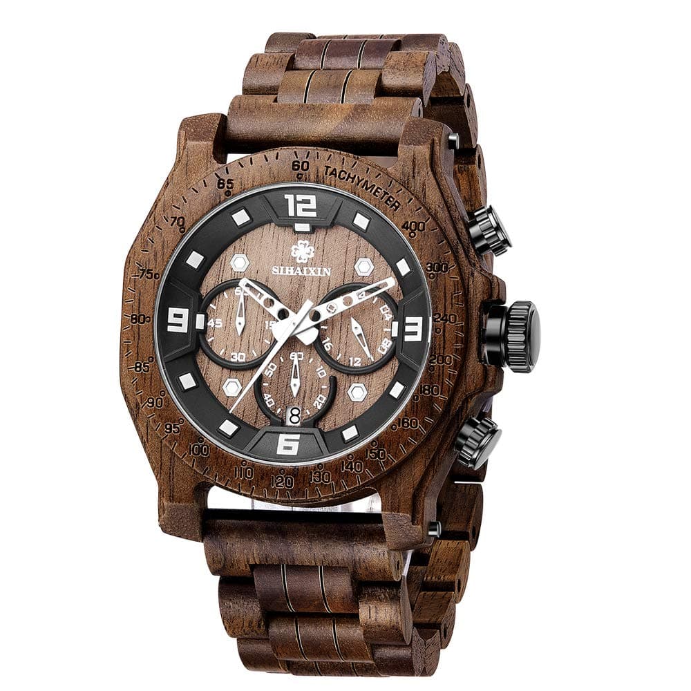 Wood Watches for Men Handmade Watch Wood Band Chronograph & Date Display Quartz Wooden Watch Men