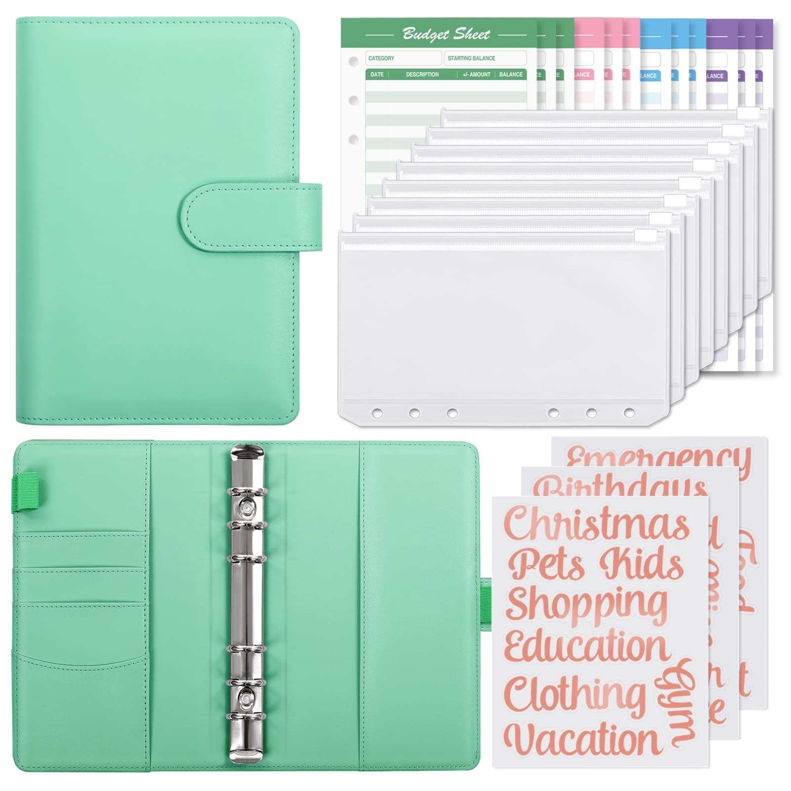 SKYDUE Budget Binder with 8pcs Zipper Envelopes,Money Organizer for Cash with 12pcs Expense Budget Sheets & 24 Rose Gold Sticky Labels,Budget Organizer for Cash