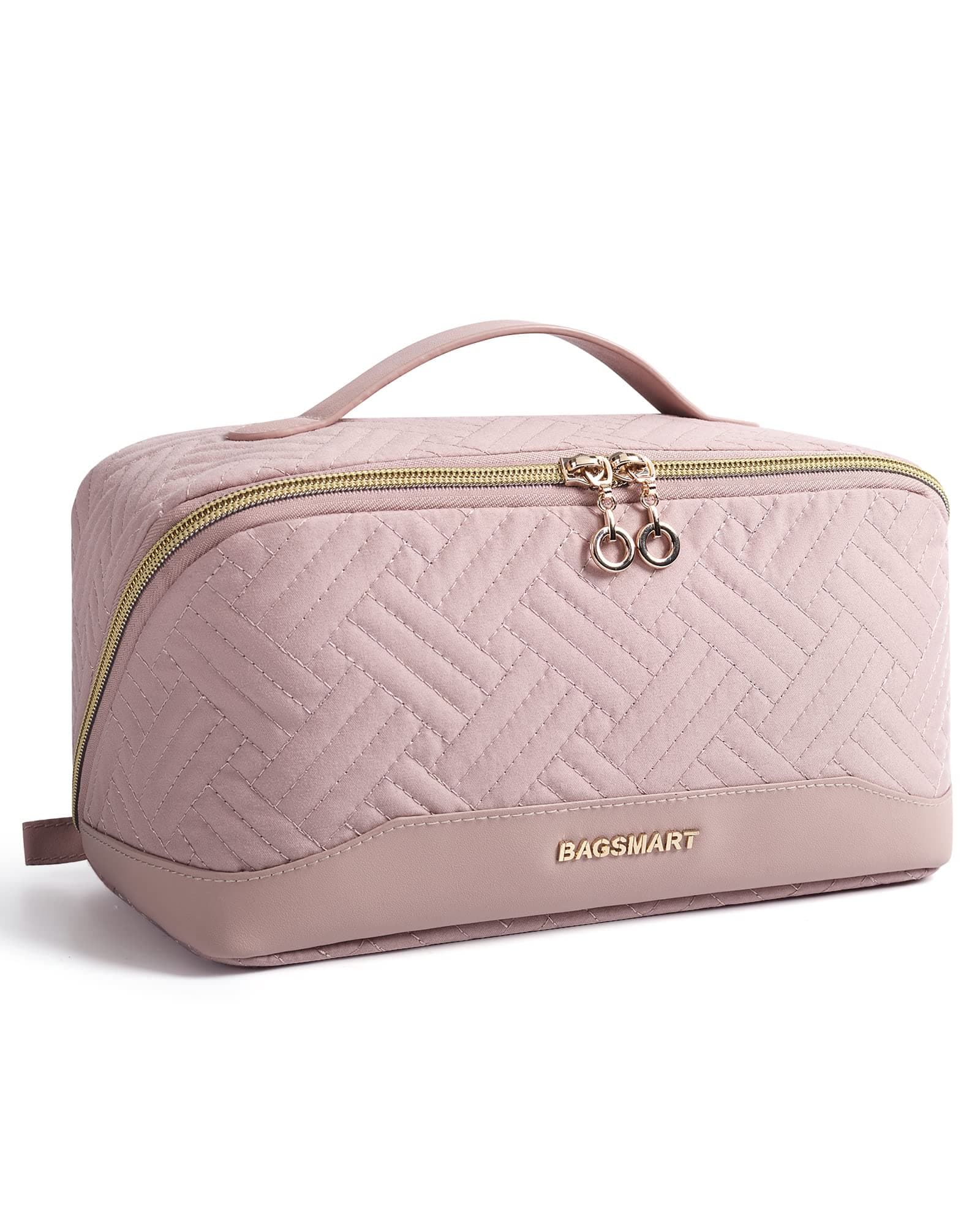 BAGSMART Makeup Bag Cosmetic Bag, Travel Makeup Bag,Water-resistent Makeup Bags for Women Portable Pouch Open Flat Make Up Organizer Bag for Toiletries, Brushes, Pink