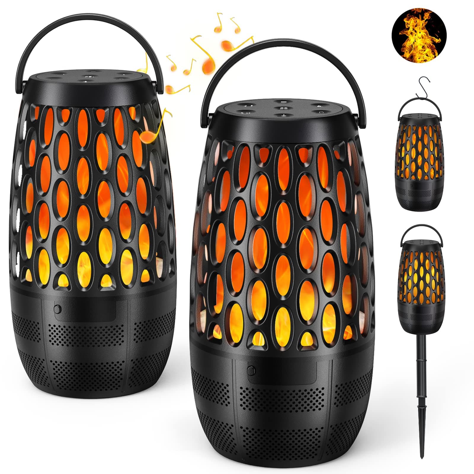 2 Pack Outdoor Bluetooth Speakers,Waterproof Speakers with Stake & Hook,Sync Up to 100 Speakers,Torch Lantern for Patio Pool Party,Gifts for Men