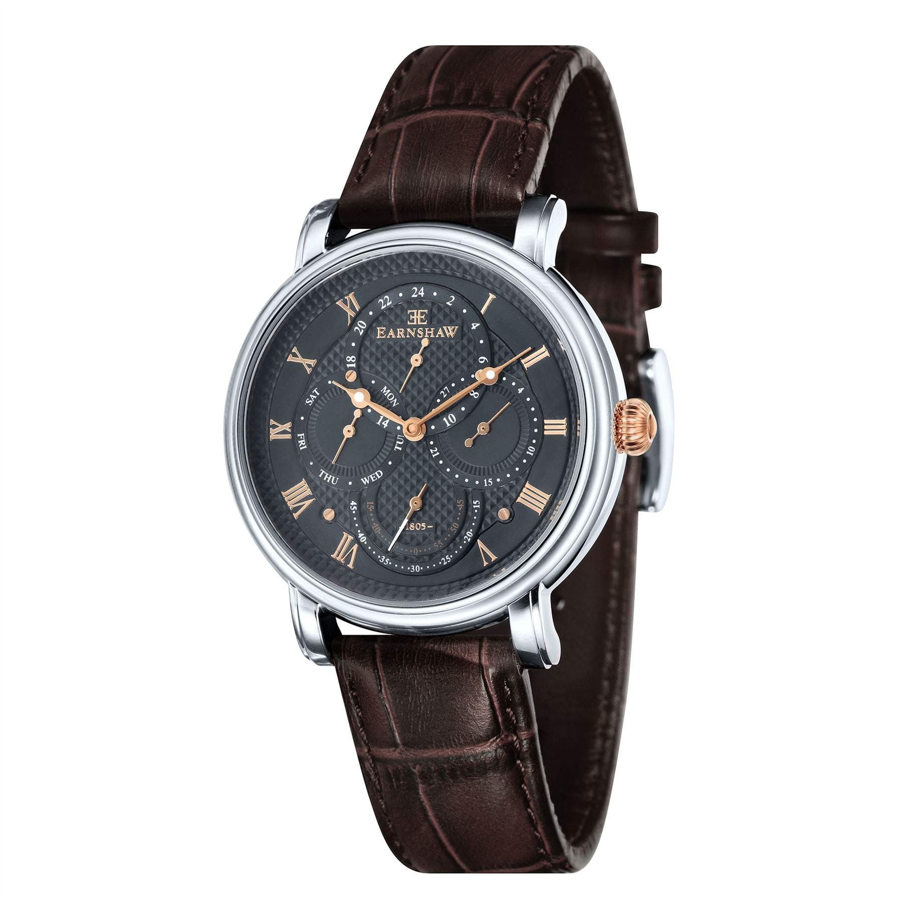 Thomas Earnshaw Men's Longcase Master Calendar Quartz Watch with Black Dial Analogue Display and Brown Leather Strap ES-8048-02