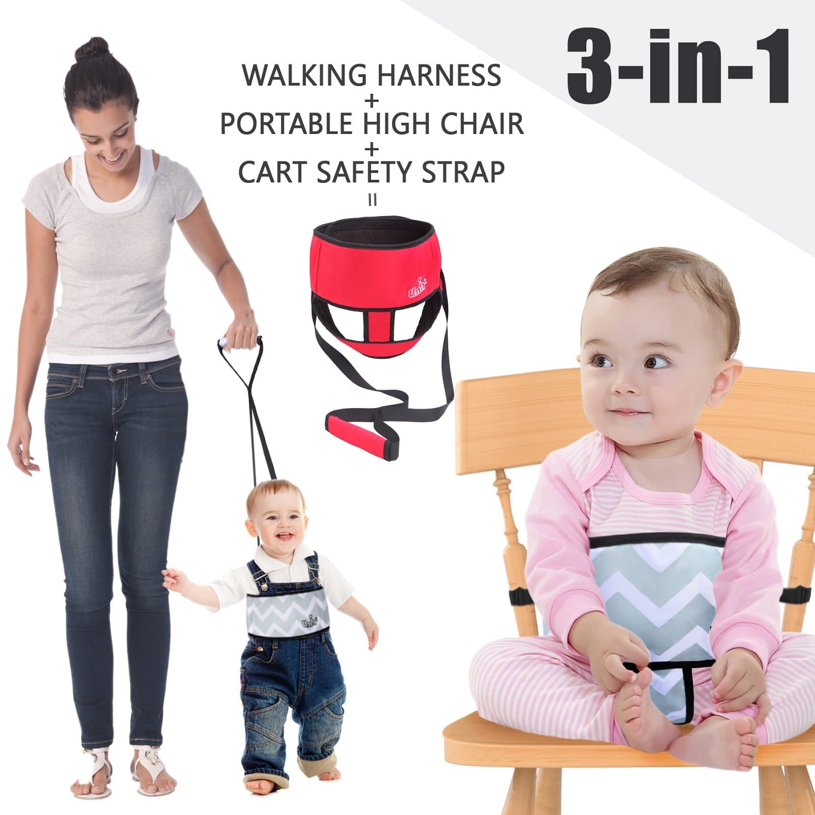 Umiin 3-in-1 Baby Portable Travel High Chair Toddler Safety Walking Harness Shopping Cart Safety Strap Light Weight Washable, Red