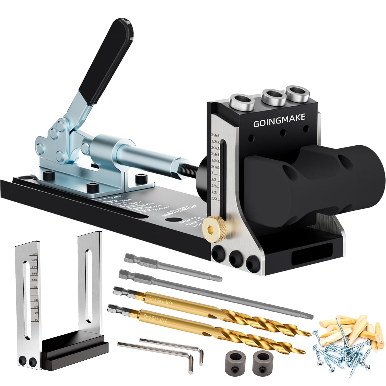 All Metal Pocket Hole Jig Kit with Quick Clamp and Dust Collection Easy Use 3 Holes Pocket Hole Screw Jig System 3/8 Inch Accurate Adjustable Drill Guide with Accessories Woodworking Tool
