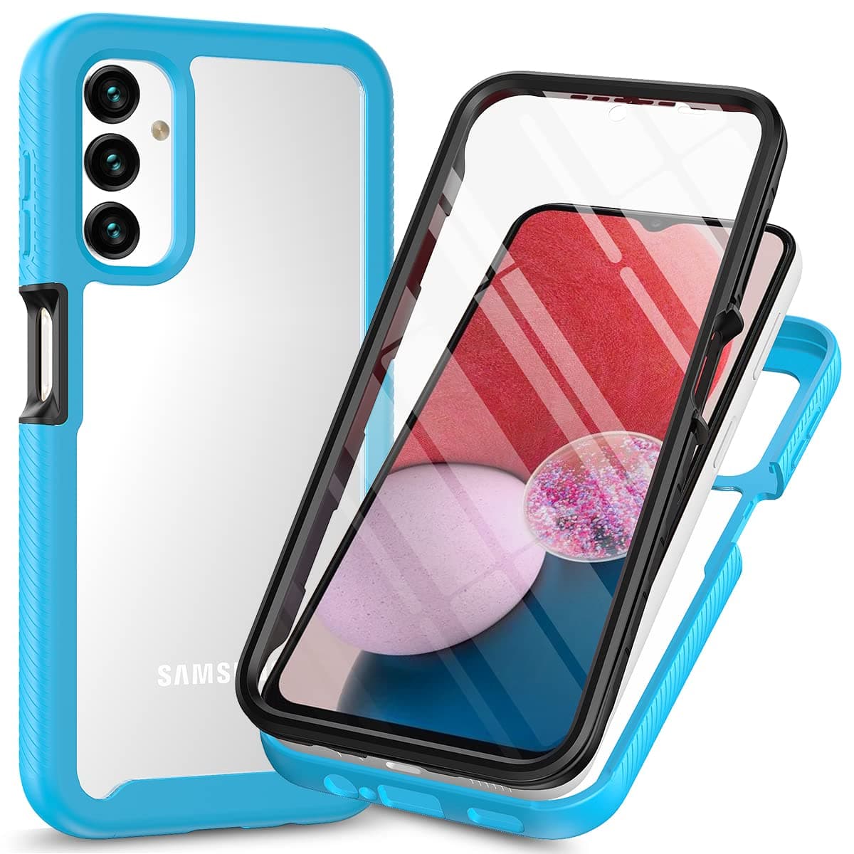 Samsung Galaxy A14 4G / 5G Case with Built-in Screen Protector, 360 Full Body Protective Cover Heavy Duty Anti-Scratch Shockproof Slim Silicone Bumper Clear Phone Case for Samsung A14 6.6" Light Blue