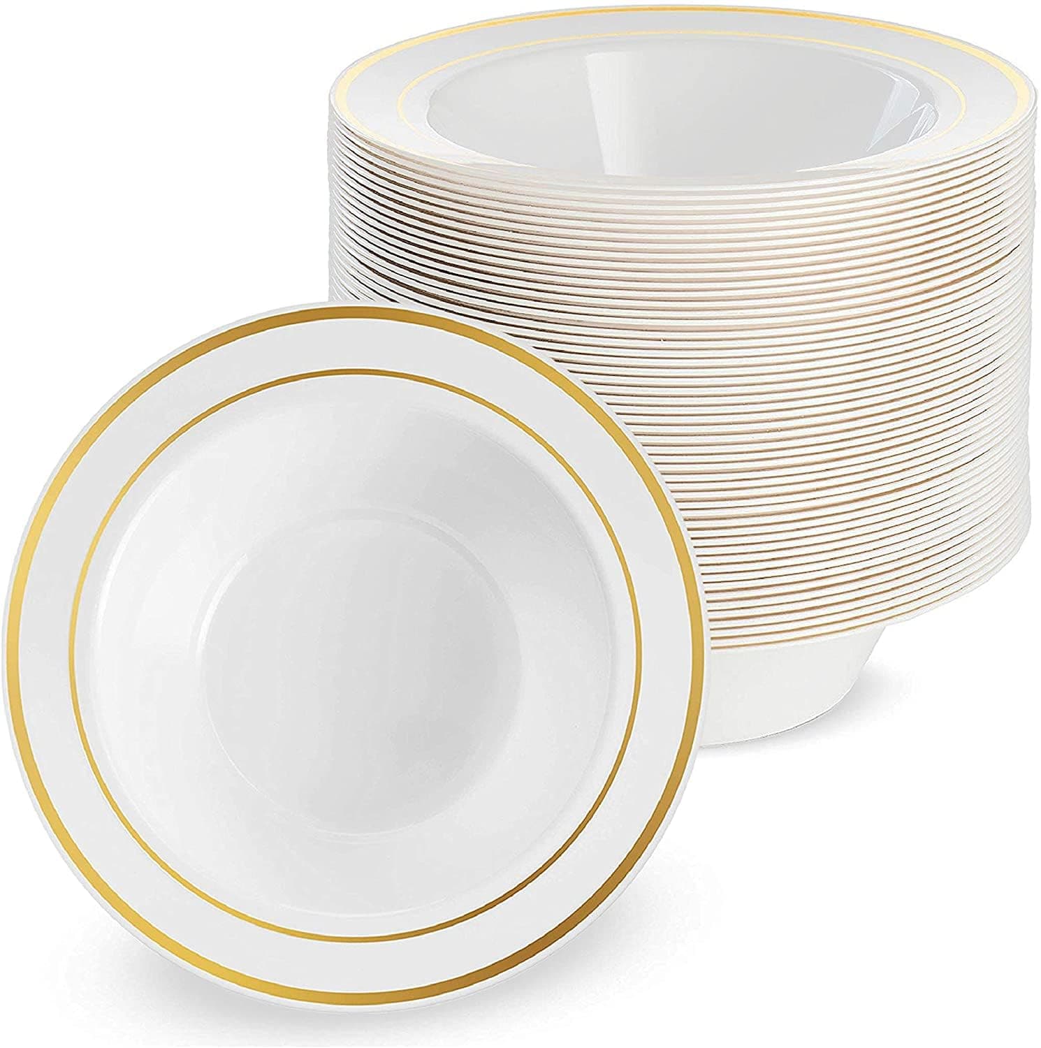 MATANA 25 Pack Plastic Bowls for Parties in White with Gold Rim, 7.5" Inch (12oz) Reusable Sturdy Salad Bowl, Soup Bowl, Dessert & Ice Cream Bowl for Wedding Parties, Events, Dinner, Outdoor Picnic
