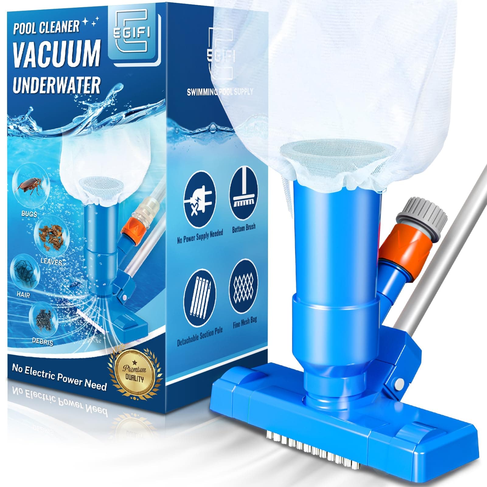 EGIFI Portable Pool Vacuum for above Ground Pool, Jet Underwater Cleaner with 3 Scrub Brush, Mesh Bag and 5 Section Pole of 47", Attach to Common Garden Hose, Light Blue