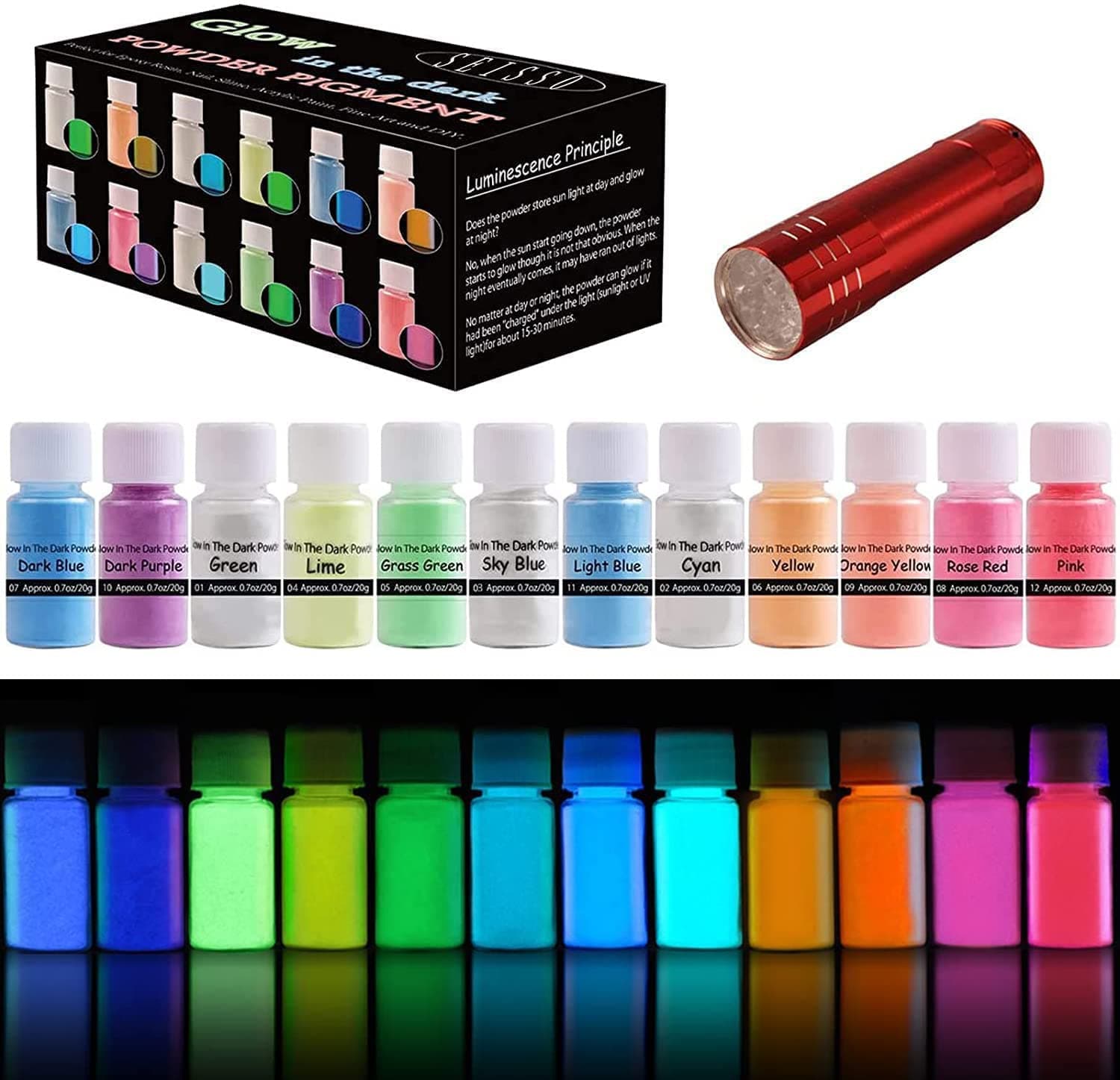 SEISSO Glow in the Dark Pigment Powder, 12 Color 0.7oz/20g Epoxy Resin Luminous Powder Set for Resin Art, Nail Art, Acrylic Paint and DIY Crafts, Safe and Long Lasting