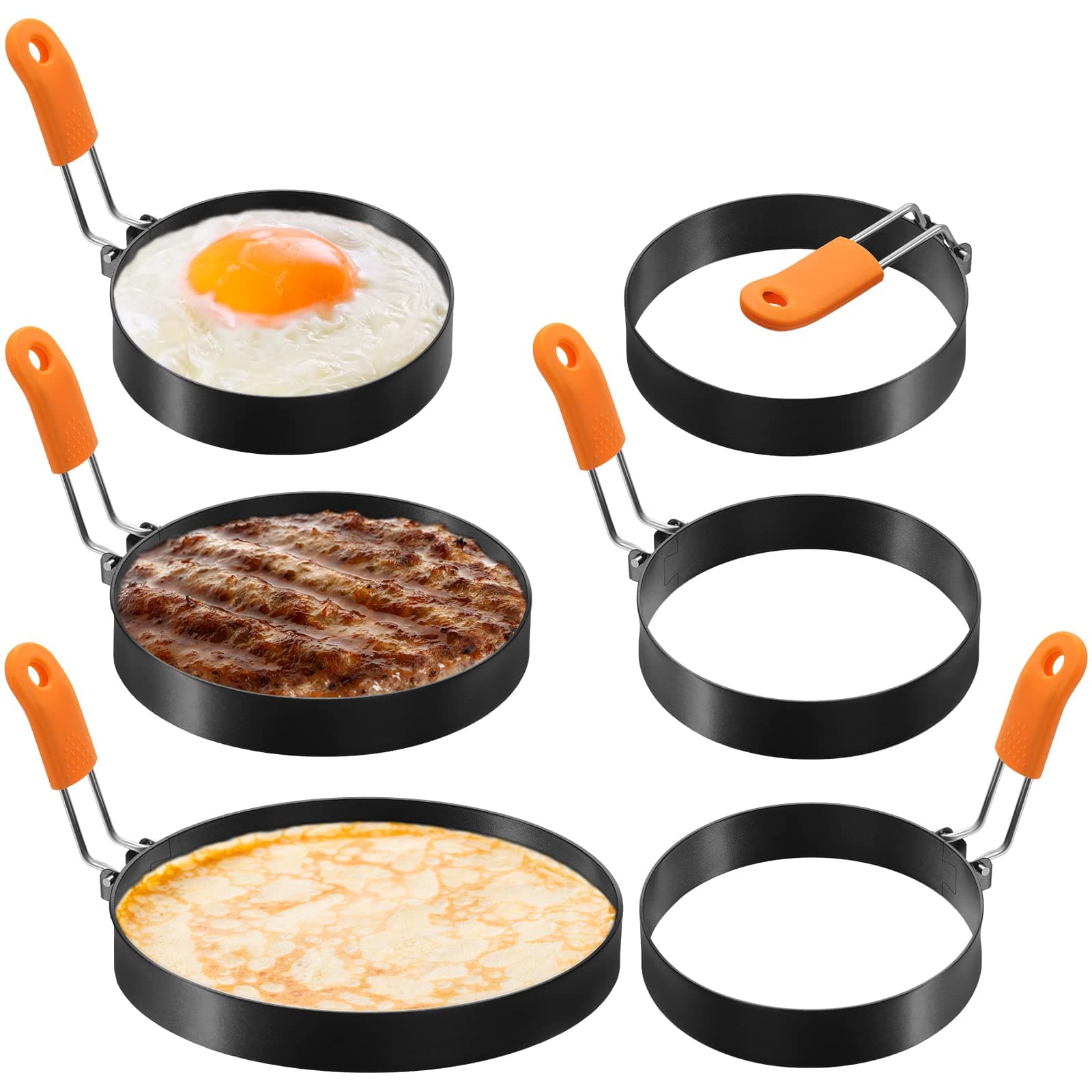 Patelai 6 Pcs Egg Ring Pancake Ring Set Stainless Steel Fried Egg Molds Griddle Pancake Shapers with Silicone Handle for Breakfast Omelette Sandwich (Round Style,4, 6, 8 Inch)