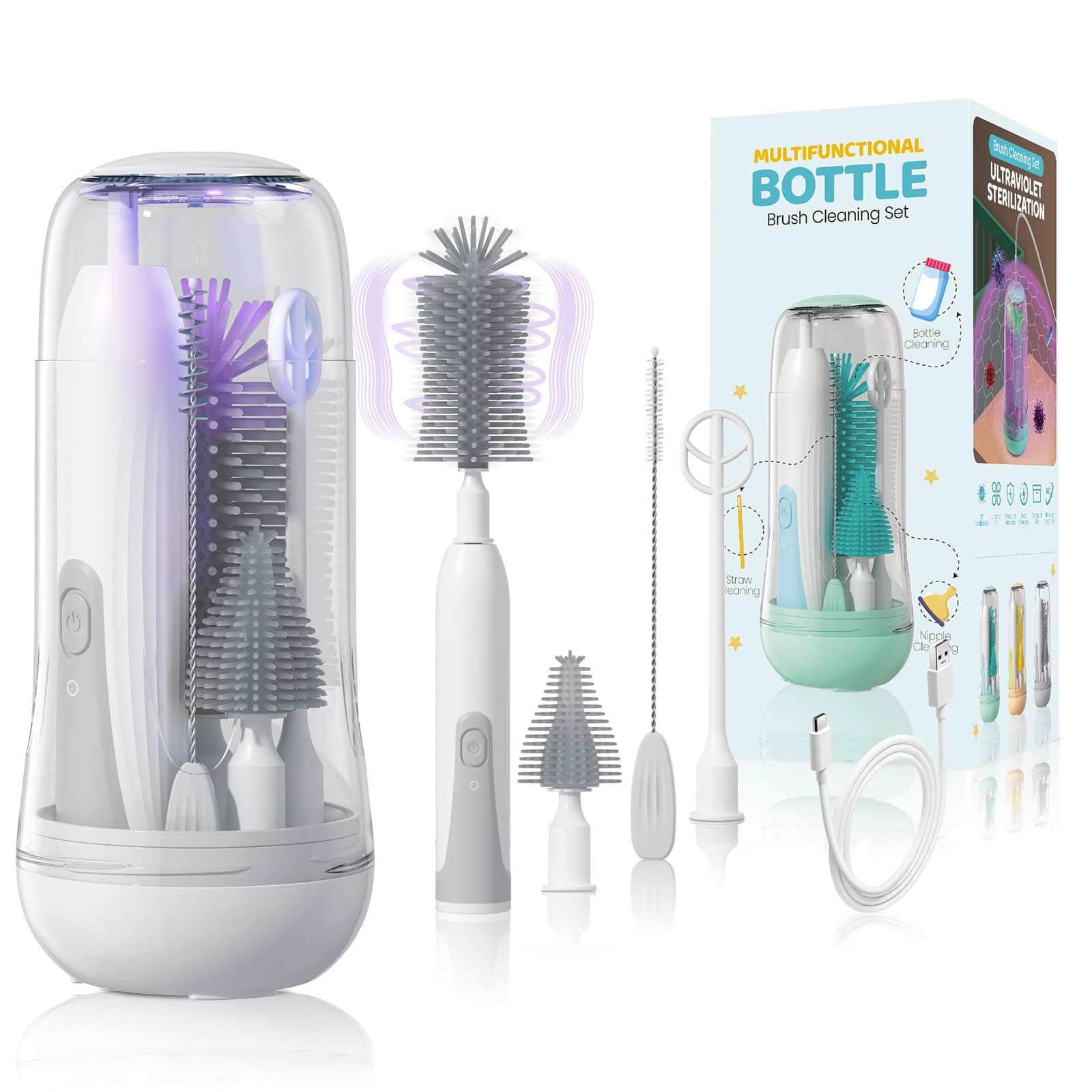 IvyWindElectric Travel Baby Bottle Brush Set with Storage Box, Automatic Bottle Cleaner Brush Kit with Silicone Bottle/Nipple/Straw Brush, Milk Frother Electric and Drainage Rack, Rechargeable, Gray