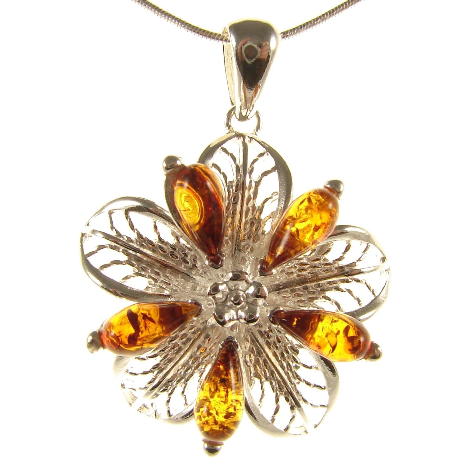 Baltic amber and sterling silver 925 flower pendant necklace with 1mm Italian sterling silver 925 snake chain