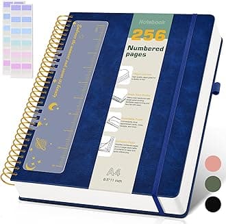 A4 Spiral Notebook Journal 8.5” x 11”, 256 Numbered Pages Hardcover Leather Journals for Women Men, Large Lined College Ruled Notebooks, 100GSM Thick Paper, Spiral Bound Journal for Work School, Navy