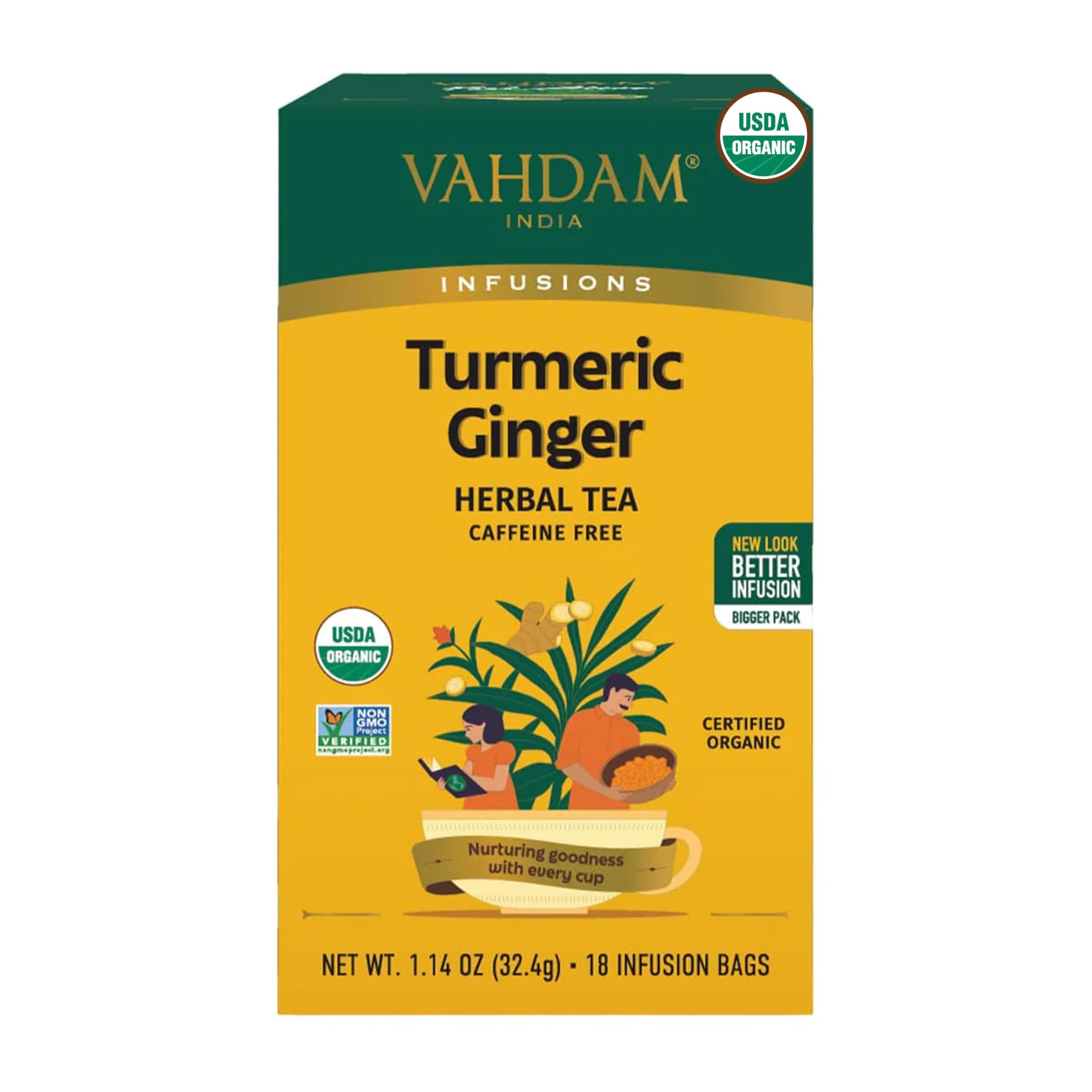 VAHDAM, Organic Turmeric Ginger Herbal Tea Bags (18 Count) Caffeine Free, Gluten Free | 100% Pure Herbal Blend - Earthy & Savory | Eco-Friendly Individually Wrapped Tea Bags | Direct From Source