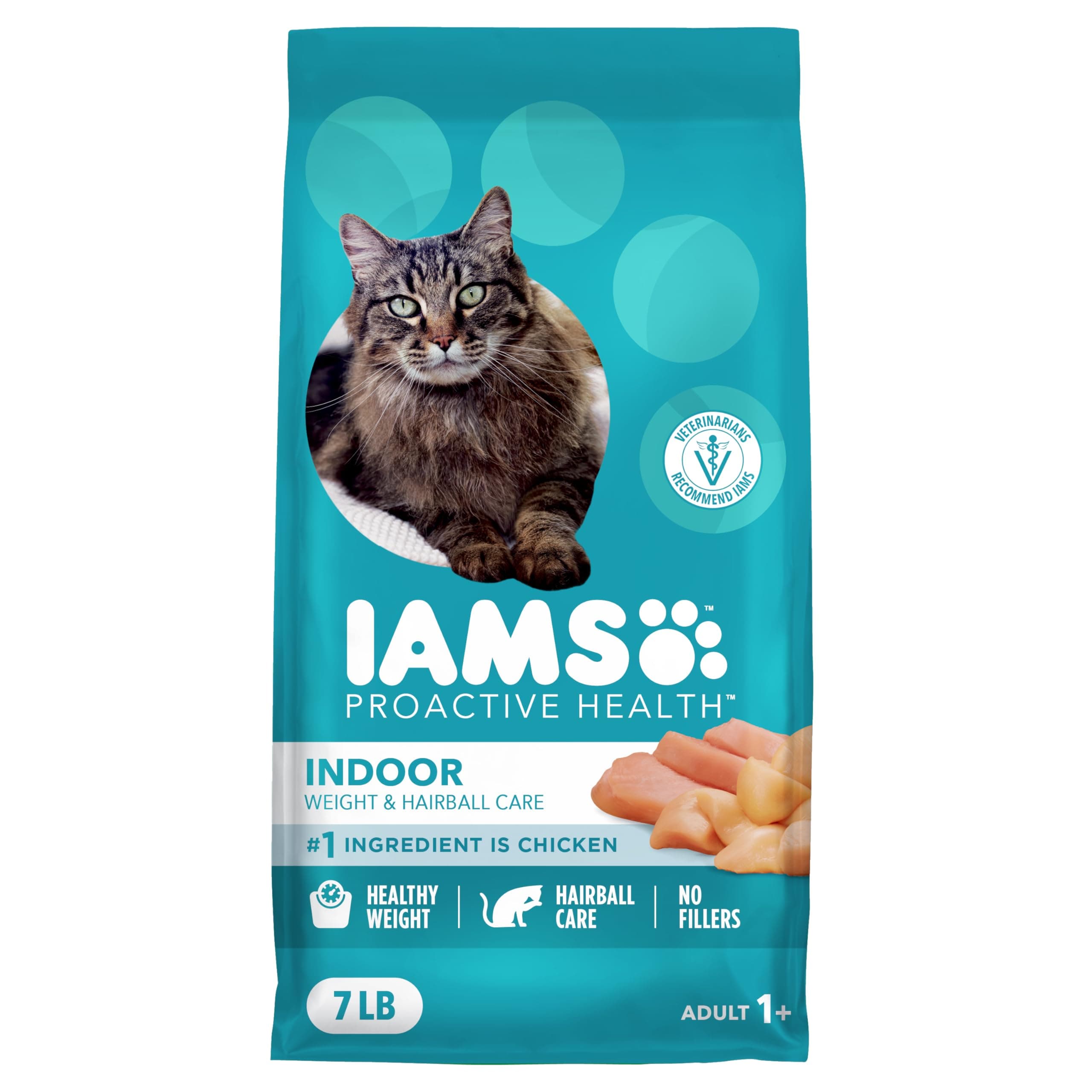 IAMS PROACTIVE HEALTH Adult Indoor Weight Control & Hairball Care Dry Cat Food with Chicken & Turkey Cat Kibble, 7 lb. Bag