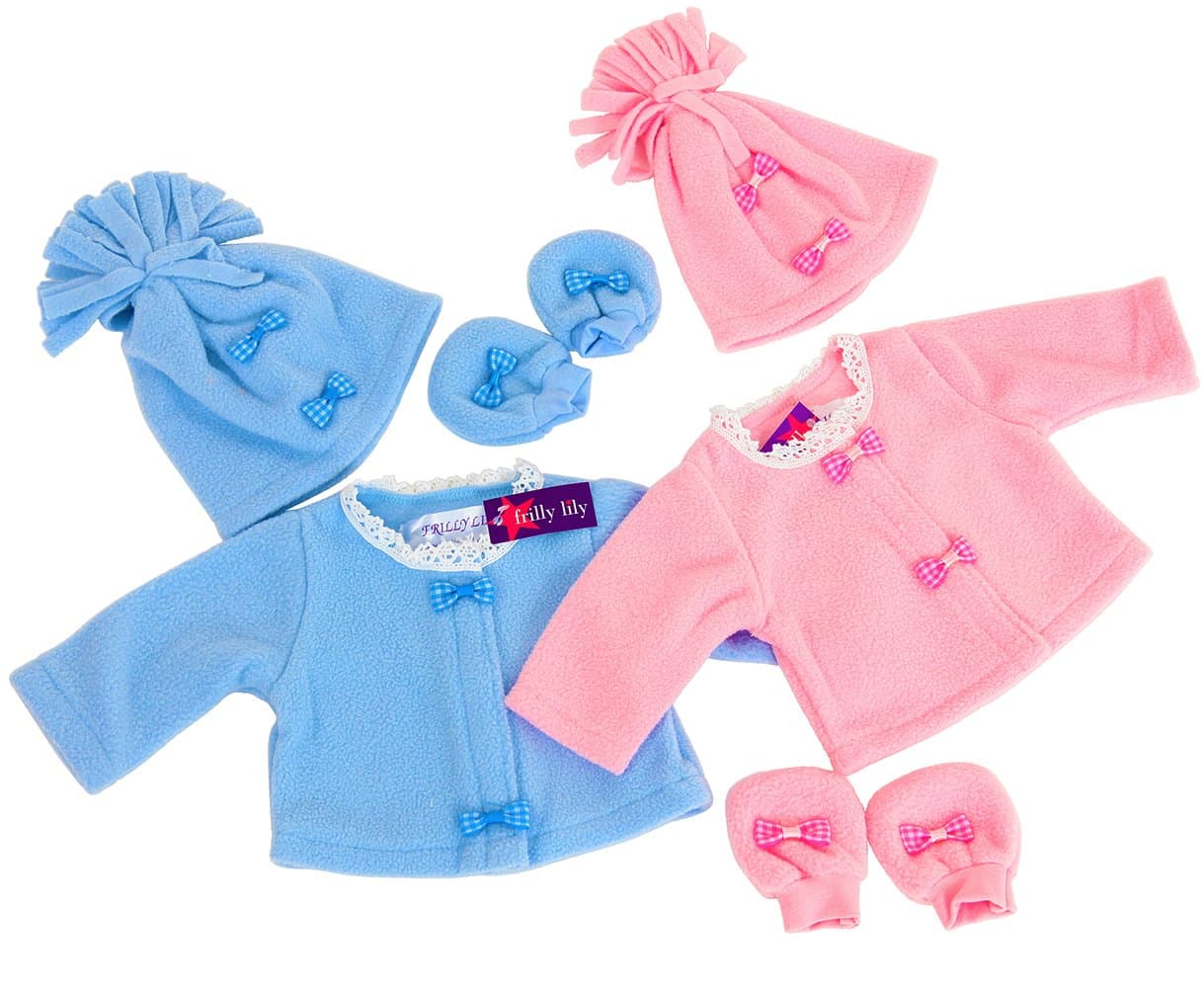 Frilly Lily 14-18 Inch Doll Twin Set - Fleece Jacket, Hat & Mittens in Pale Blue & Pink