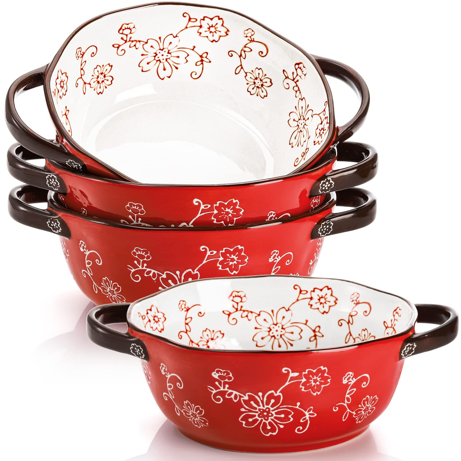 4 Pack Ceramic Soup Bowls, 22 Ounces Porcelain Serving Bowl Set with Doundle Handle, Large Ceramic Crocks for French Onion Soup, Stew, Pasta, Cereal, Pot Pies (Red)