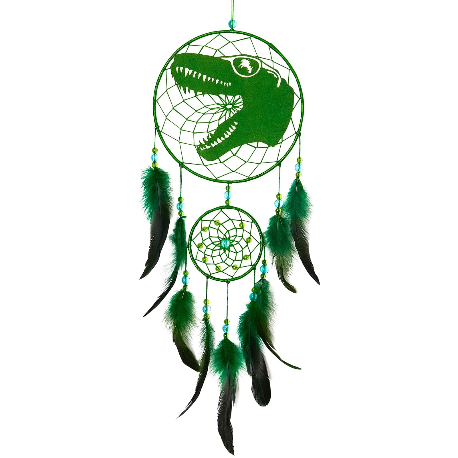 Basumee Dream Catcher for Kids Feather Dream Catchers Handmade Home Decor Wall Hanging with Double Ring for Nursery Bedroom Boys Room, Green Dinosaur