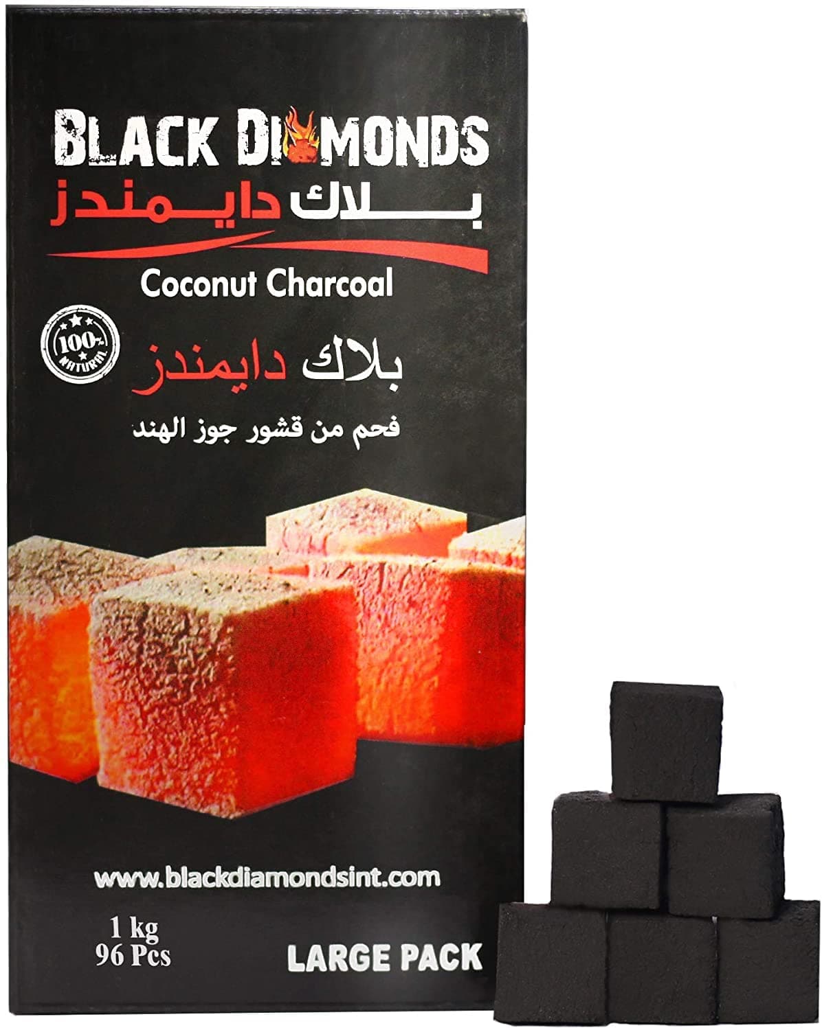 BLACK DIAMONDS 1 Kg COCONUT SHELL CHARCOAL CUBES FOR SHISHA AND BAKHOUR / 96 PEICES/LONG LASTING/PREMIUM QUALITY, Coco Black