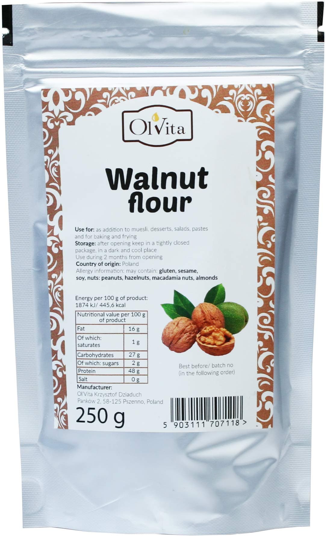 Walnut Flour / Walnut Meal - Premium, Ol'Vita 250g, Mąka z Orzecha Włoskiego
