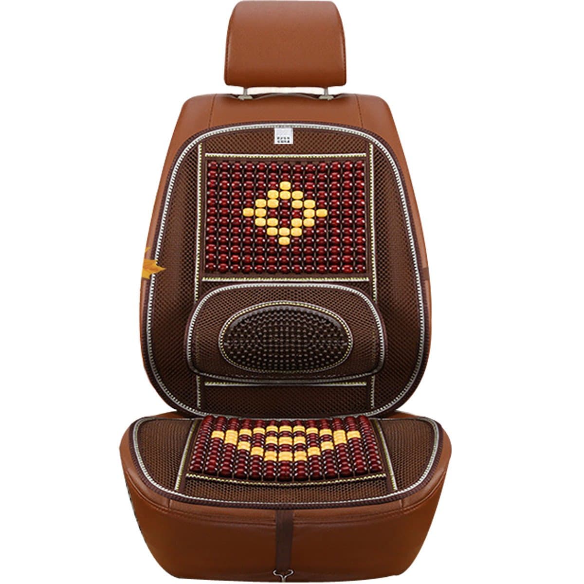 Wooden Beads Mesh Lumbar Back Support Massage Full Back Cushion Pad Breathable Cooling Car Front Seat Protector, Coffee