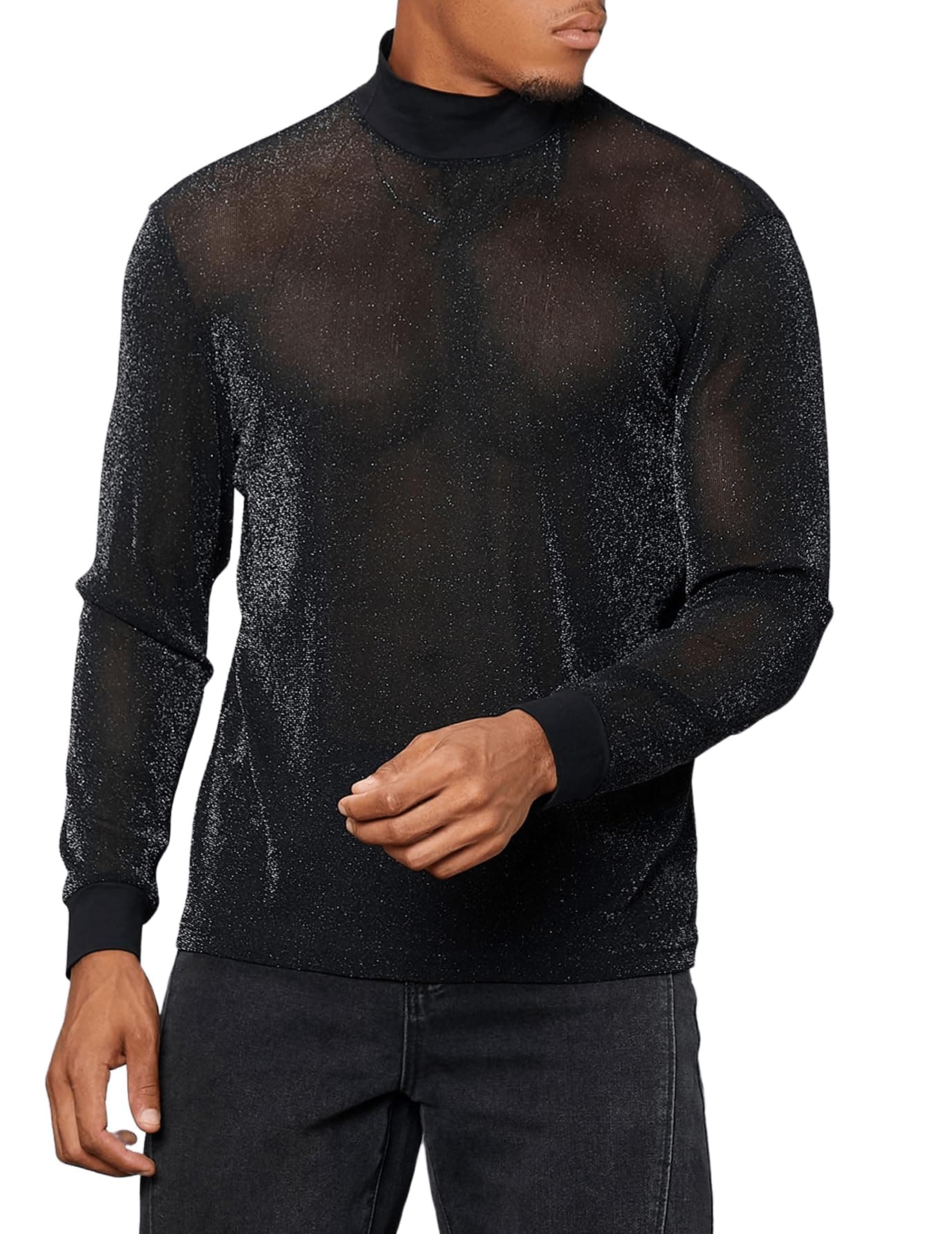 Floerns Men's See Through Long Sleeve Mock Neck Sheer Mesh Tee Shirt