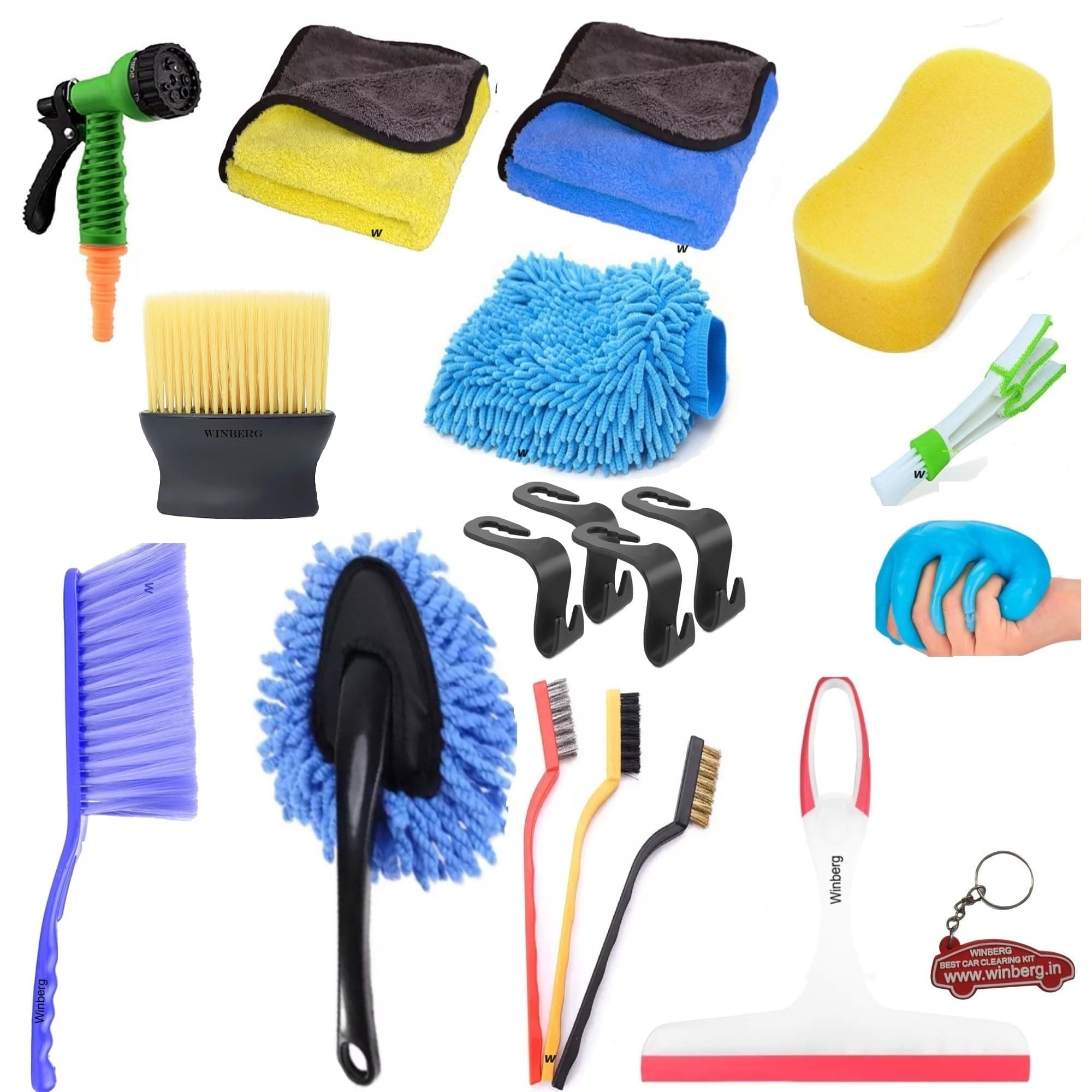 Winberg 19 Pcs Car Cleaning Kit Microfiber Towel 2 pcs 600 GSM 1Carpet Brush 1Scurb 1Glove 4Hook 1Gelly 1Wiper 1 Duster 3 Wire Brush 1Soft Brush Brush 1Nozel Spray 1Keychain 1Ac Wind Brush CarCLNG19