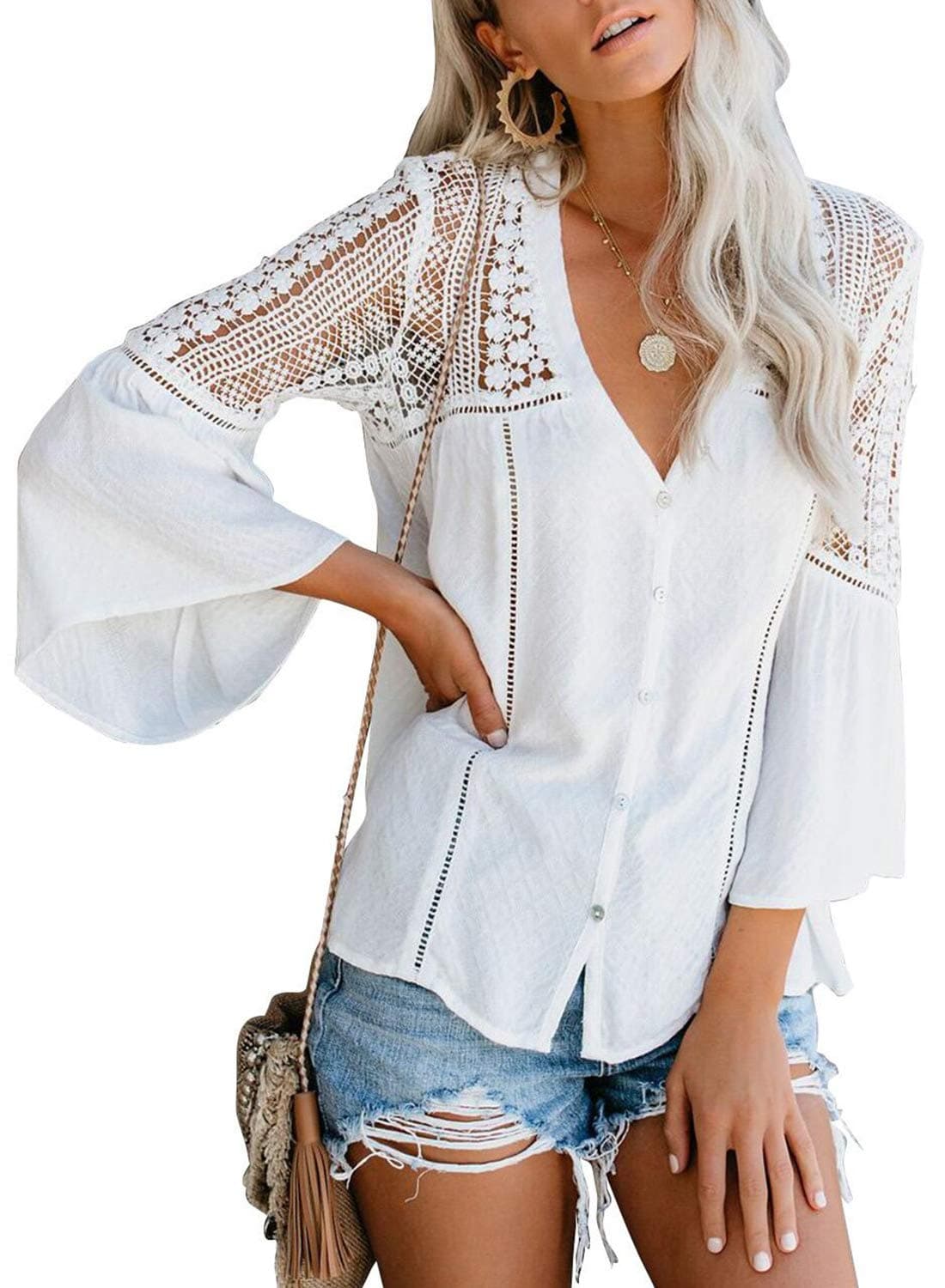 CanikatWomen's V Neck Lace Crochet Flowy Bell Sleeve Button Down Casual T Shirts Blouses Tops