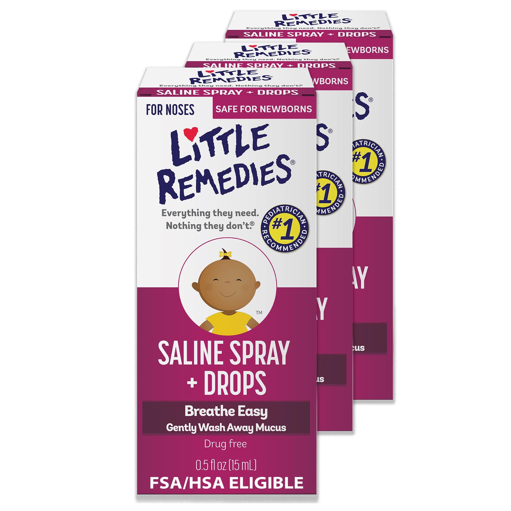 Little Remedies Sterile Baby Saline Nasal Spray and Drops, Safe for Newborns to Relieve Stuffy and Dry Noses, 0.5 Fl Oz, Pack of 3