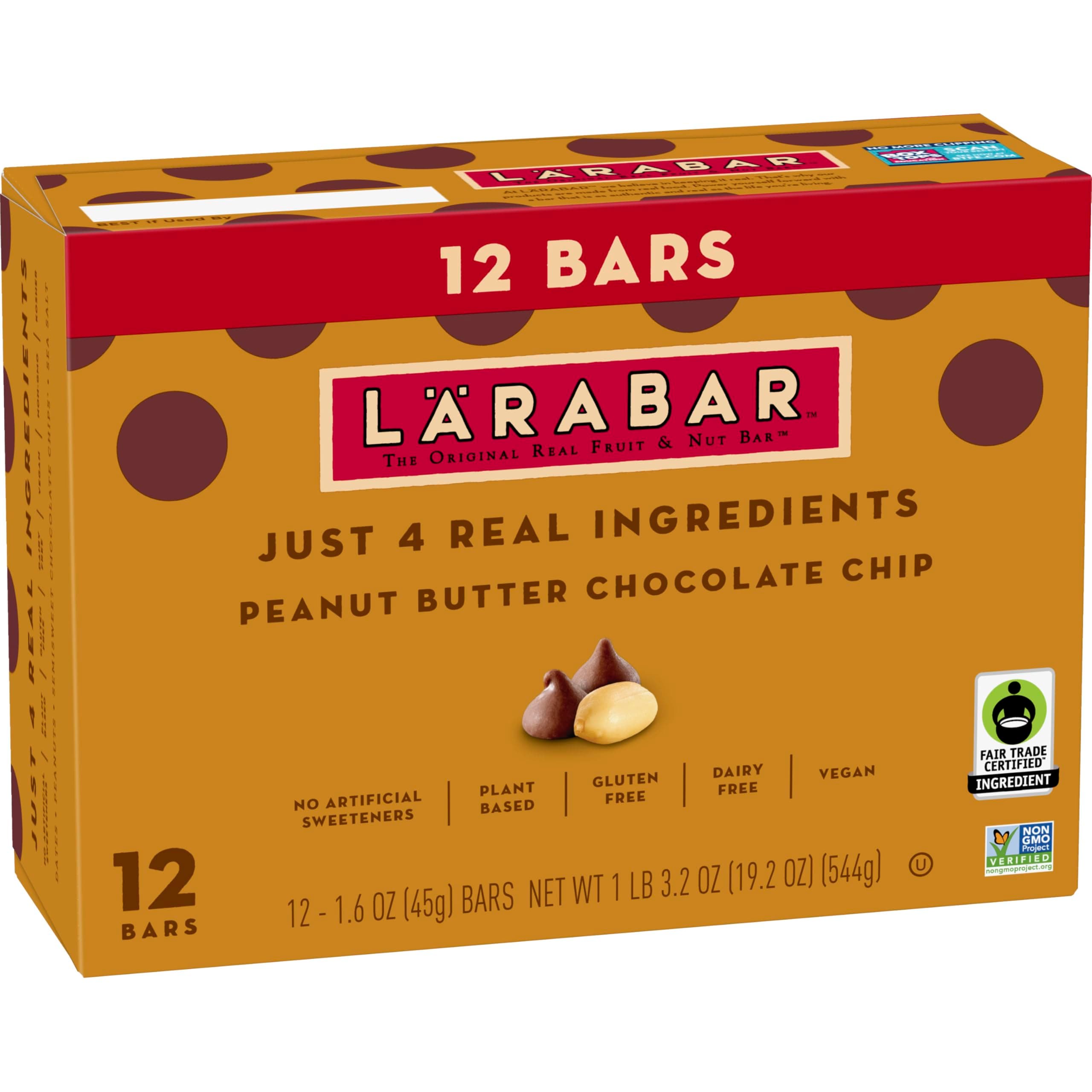 Larabar Peanut Butter Chocolate Chip, Fruit and Nut Bars, Gluten Free and Vegan, 19.2 oz, 12 Ct