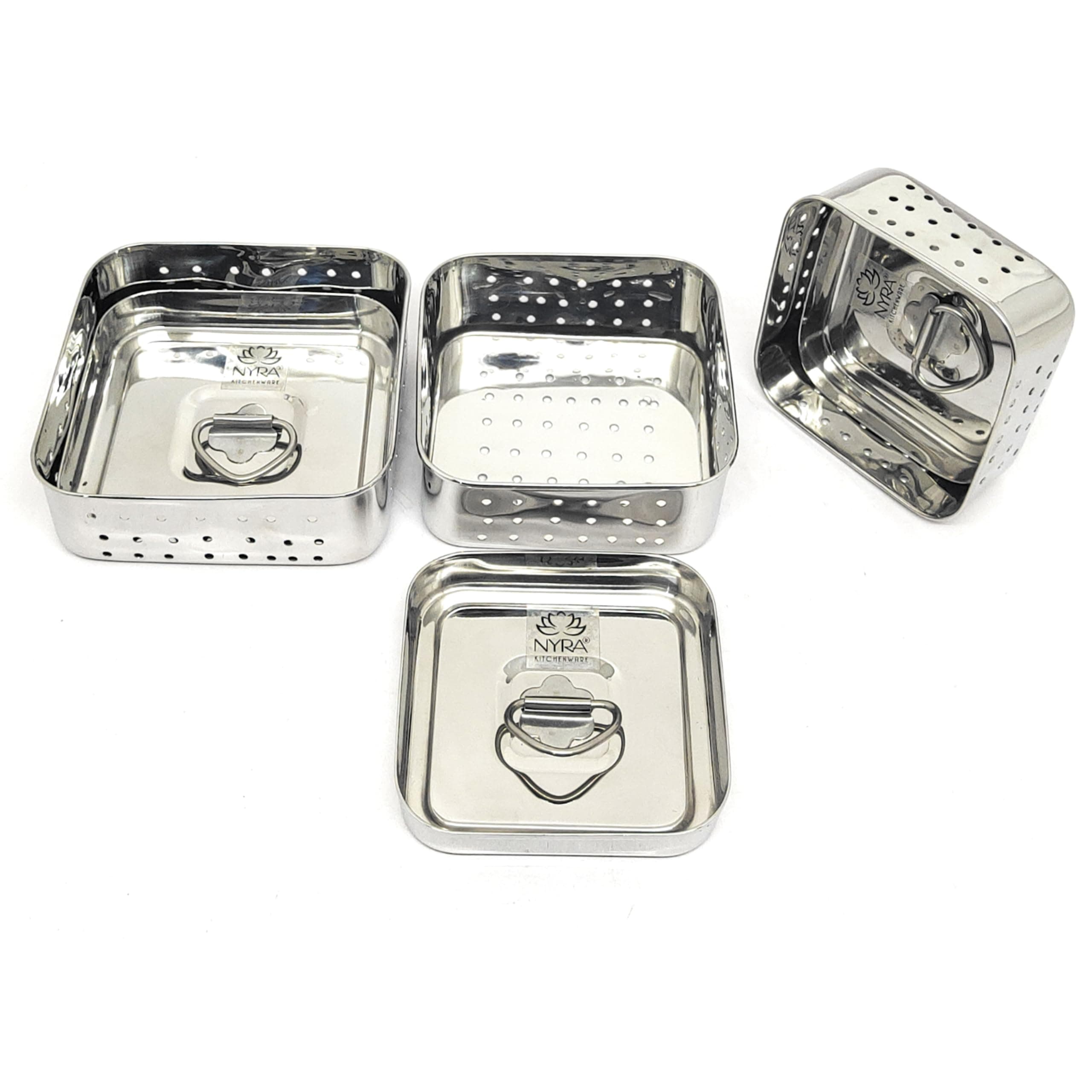 Nyra® Stainless Steel Square Shaped Paneer Maker/Mould/Strainer, Perfect for Making Delicious Tofu, Stainless Steel Paneer Maker with Top Pressing Lid Set of 2 Pcs with Top Press Lid (Small + Medium)