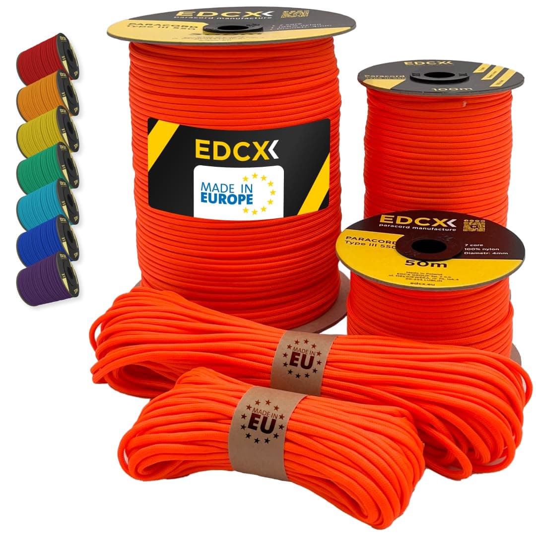 Paracord 4mm, 35+ Solid Colors (10m, 15m, 30m, 50m, 100m, 300m) | Ideal for Crafting, DIY, Camping, Survival, Outdoor | 100% Nylon Rope 4mm | Tactical Cord 550 Type III
