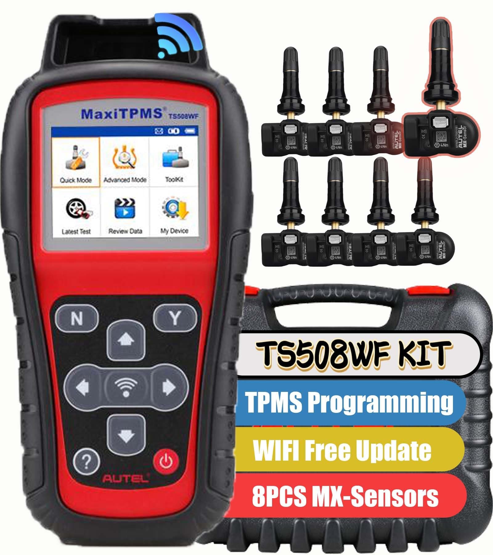 MaxiTPMS TS508WF KIT Upgrade of TS508K/TS508/TS501/TS408, TPMS Scan Tool with 8PCS 315MHz+433MHz MX-Sensor Read Clear DTCs TPMS Reset OBD Relearn Activate TPMS Prógramming Free Update