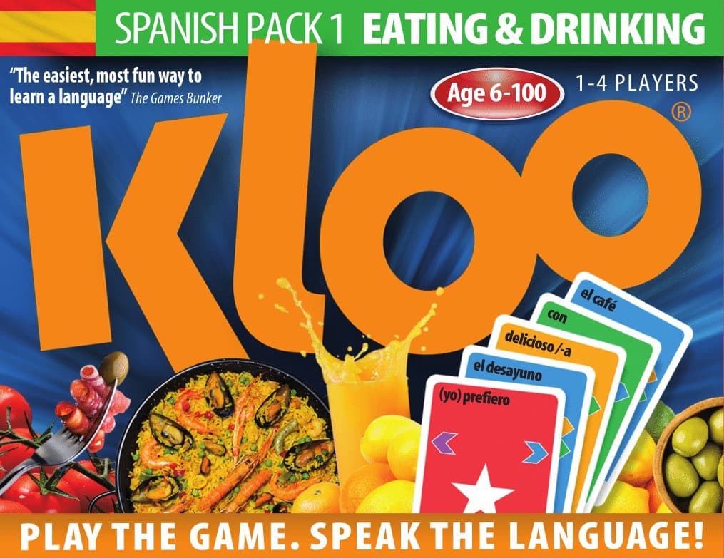 KLOO Learn Spanish Card Game | Eating & Drinking Theme | Language Fun for Family Kids Adults & School | 2 Decks of Coloured Vocabulary Word Cards Make Sentences in a Flash | 1–4 Players