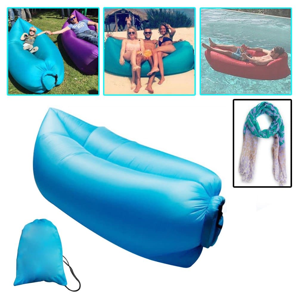 Inflatable Beach Lounger, 4 Stones Nylon Fabric Inflatable Sleeping Bags Outdoor Indoor Convenient Compression Air Bag Hangout Bean Bag Portable Chair Mattresses (Blue) with FREE SCARF